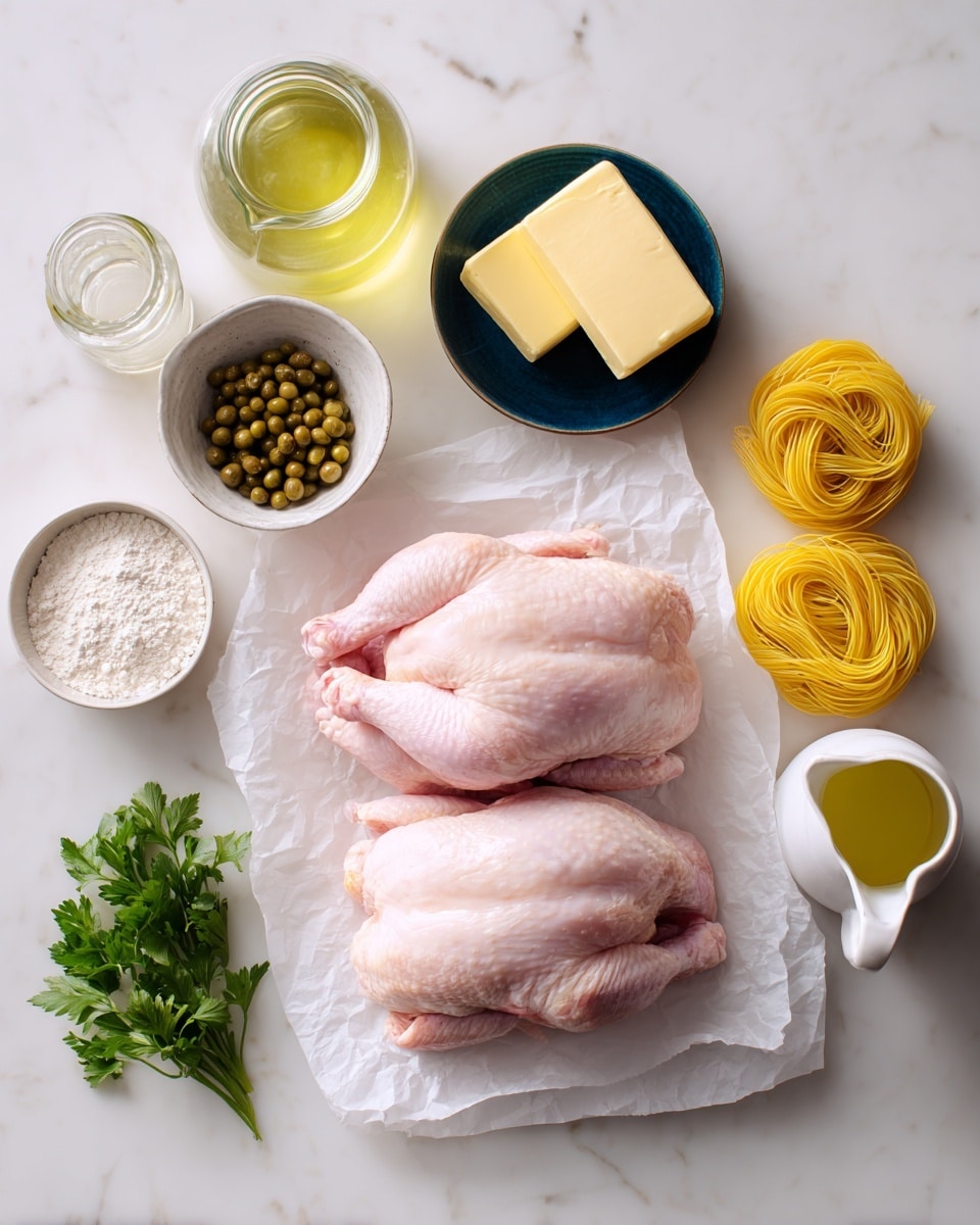 Two raw pink chicken pieces lie on white paper in the center on a white marbled surface. Above the chicken, four small round nests of yellow pasta are laid out on the right. To their left, a dark blue dish holds two squares of pale yellow butter. Next to the butter is a small white bowl with greenish capers. Above the chicken to the left, a glass jar contains a light yellow liquid. Below the jar, a small bowl with white flour is near green parsley on the lower left corner. On the right of parsley and the chicken, a white small pitcher holds a clear yellow liquid, with a small glass bowl of another yellow liquid beside it. The whole scene is arranged neatly on a white marbled surface. photo taken with an iphone --ar 4:5 --v 7