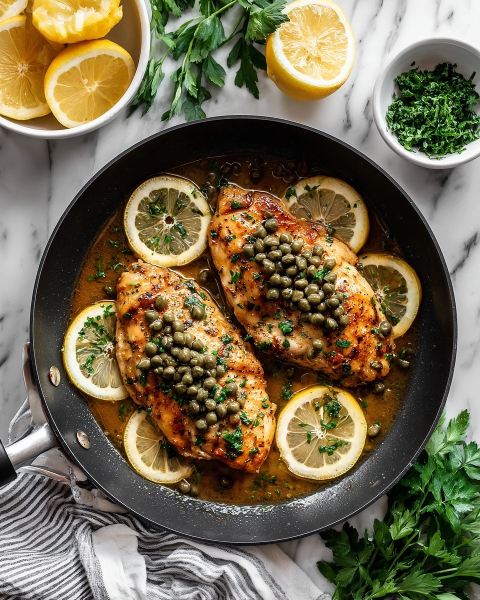 Two white plates hold a meal of light yellow spaghetti, neatly twirled into piles with fresh green parsley sprinkled on top. Each plate features a golden brown cooked chicken fillet resting on the right side, covered with small dark green capers. Thin lemon slices with bright yellow rinds sit under the pasta and chicken, adding color and freshness. A silver fork is buried in the spaghetti on the top plate, with a white and gray striped cloth napkin nearby on a white marbled surface. Fresh parsley sits in the top left corner, and a small white plate of lemon wedges and a glass of light yellow drink complete the scene. Photo taken with an iphone --ar 4:5 --v 7