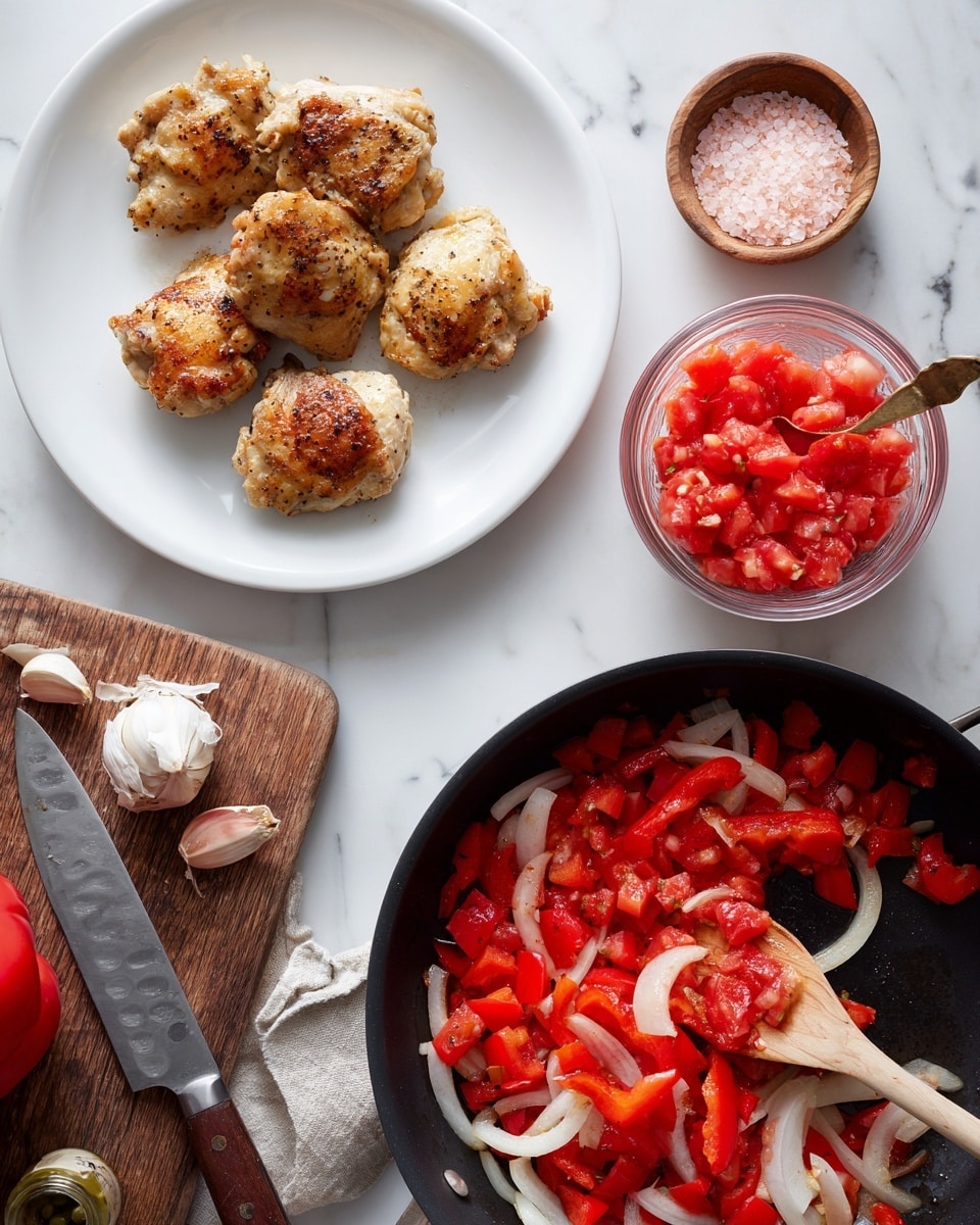 A white plate holds three cooked golden brown chicken pieces on the upper left side resting on a white marbled surface. To the right of the plate, a clear glass measuring cup is filled with chunky bright red diced tomatoes. Below, a black skillet contains sliced red bell peppers and white onion slices being stirred with a wooden spatula with a dark brown handle. On the lower left side, a wooden cutting board holds a silver knife with a textured handle, a small jar of capers with a small wooden spoon inside, a clove of garlic, and a piece of red bell pepper. A small wooden bowl with pink salt and a small golden spoon rests on the top right corner. The scene is bright and clean, photo taken with an iphone --ar 4:5 --v 7