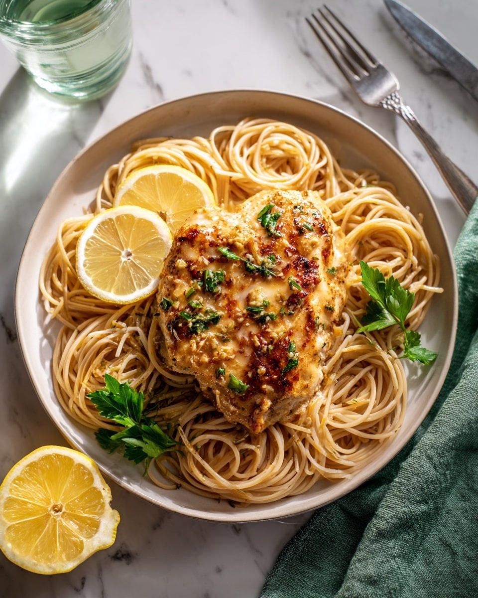 The image shows a white plate with a bed of light brown spaghetti noodles forming the base layer, arranged in a circular shape. On top, there are two pieces of golden-brown cooked chicken with a light sauce covering them, giving a slightly shiny texture. The chicken is garnished with small bits of green herbs. Two thin lemon slices with a pale yellow color are placed on the edge of the chicken, and a fresh green parsley sprig sits on the side of the plate. The background is a white marbled surface with a clear glass of water and silver fork and knife slightly blurred in the background. Photo taken with an iphone --ar 4:5 --v 7