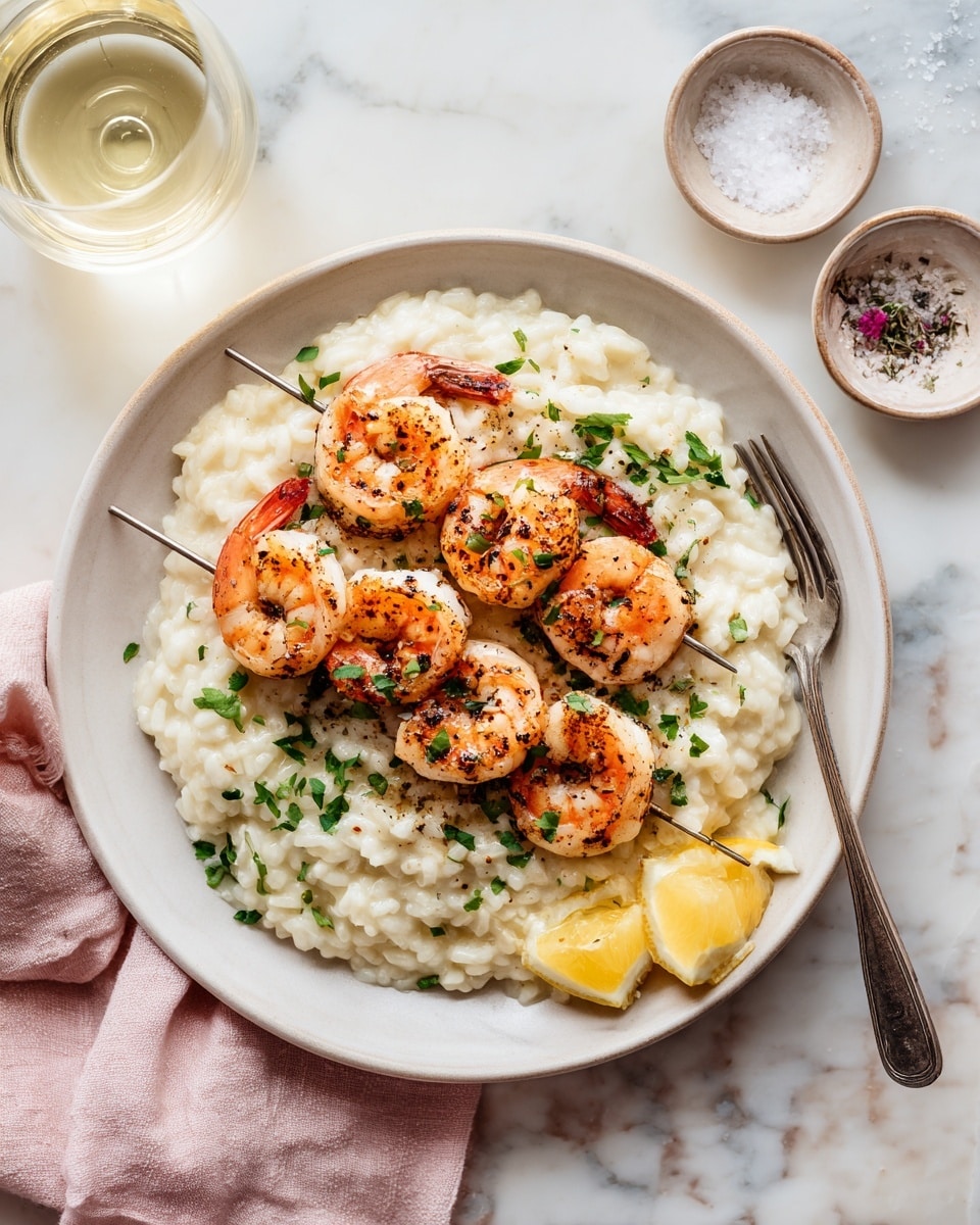 A white plate holds a base layer of creamy risotto with a soft, slightly glossy texture, speckled with small bits of herbs. On top, a skewer with five grilled shrimp is laid diagonally; the shrimp are pink with slight char marks and light seasoning. To the right of the risotto, two lemon wedges sit arranged side by side, bright yellow in color. Scattered on the risotto and shrimp are finely chopped green herbs. In the background, there is a glass of light-colored white wine, with salt and pepper in small white dishes, all placed on a white marbled surface. Photo taken with an iphone --ar 4:5 --v 7