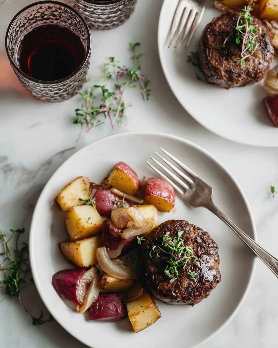 There are two white plates on a white marbled surface, each with a serving of a dark brown meat patty garnished with small green and purple microgreens on top and around it. Next to the patties on each plate, there are several pieces of red-skinned potatoes cut into chunks mixed with light golden cooked onions. Both plates are on larger flat white plates, creating a layered look. Near each plate is a textured clear glass filled halfway with a dark red drink. A silver fork rests on the bottom right side of the front plate, partially touching the meat patty. photo taken with an iphone --ar 4:5 --v 7