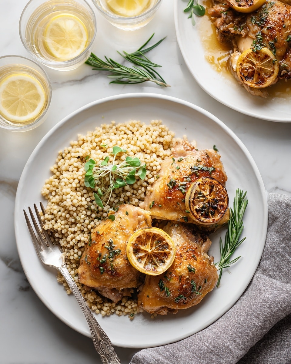 A black cast iron pan holds four pieces of cooked chicken thighs with crispy golden brown skin, each piece showing some seasoning with herbs and black pepper. Inside the pan, there are six slices of browned lemon, spread between and around the chicken pieces. The chicken and lemons sit on a layer of small dried rosemary sprigs scattered on the pan's base. The pan rests on a white marbled surface with a white and gray striped cloth on the right side. photo taken with an iphone --ar 4:5 --v 7