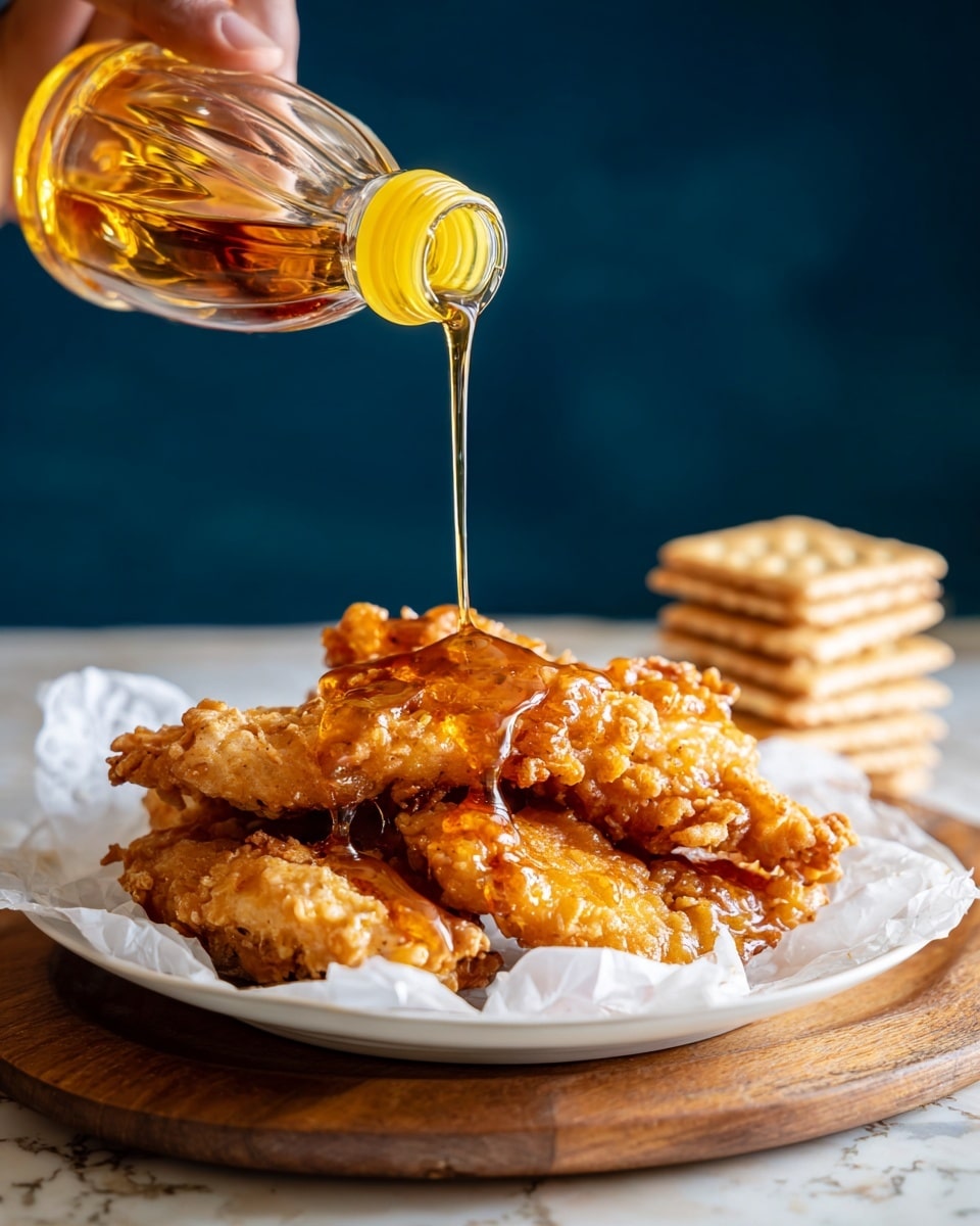 A white plate holds three pieces of crispy golden-brown fried food stacked on top of each other with some light brown parchment paper underneath. A woman's hand is pouring a thin stream of honey from a dark bottle with a yellow cap, creating a shiny layer of honey dripping onto the top piece. The plate sits on a wooden surface with a few beige crackers to the side, while the background is a solid dark blue. photo taken with an iphone --ar 4:5 --v 7