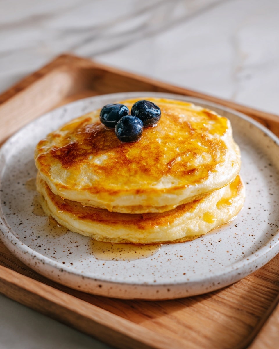 Two thick, fluffy yellow pancakes stacked on top of each other on a white speckled plate, with three dark blue blueberries placed neatly on the top pancake. The pancakes have a soft and airy texture, with a slight golden brown tint on the top surface. The plate rests on a wooden tray, and the background shows a white marbled surface with soft natural light creating gentle shadows. Photo taken with an iphone --ar 4:5 --v 7