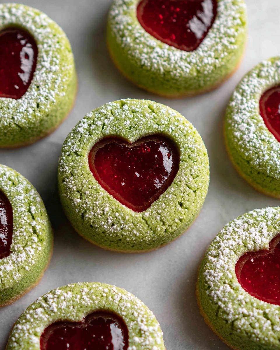 The image shows a group of round green cookies laid out on a white marbled surface. Each cookie has a heart-shaped cutout in the center filled with glossy red jam. The green cookie base has a soft, slightly textured look, while the jam inside the heart shape looks smooth and shiny. A light dusting of powdered sugar is scattered gently across the cookies, adding a touch of white contrast. The cookies are arranged closely together, some overlapping slightly, creating a cozy and inviting display. photo taken with an iphone --ar 4:5 --v 7
