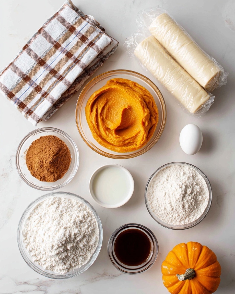 The image shows a white marbled surface with several baking ingredients neatly arranged. At the top left, a folded checked cloth in brown, white, and blue stripes lies next to a clear small bowl filled with smooth orange pumpkin puree. Below and to the right, another clear bowl contains light brown dry powder, likely spices, and next to it, a tiny bowl holds a white liquid, possibly milk. There is one white egg placed near the center. To the bottom left, a larger clear bowl is filled with fine white flour. Between the flour and spices, there is a small bowl of dark brown liquid, likely vanilla extract, and next to the pumpkin puree are two rolls of white dough or pastry sheets, wrapped in plastic. In the bottom right corner, part of a small round orange pumpkin is visible. The scene is bright and clean looking. Photo taken with an iphone --ar 4:5 --v 7