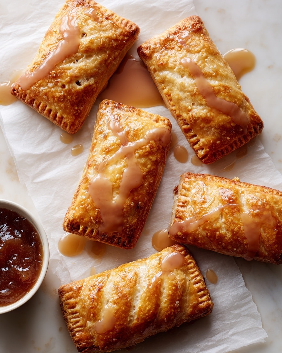 This image shows five rectangular golden-brown pastries with a flaky texture, each layer slightly puffed, covered in a thick, creamy beige glaze that drips down the sides. The pastries are on a white marbled surface with a piece of white parchment paper underneath. Next to the pastries, on the left side, is a small white bowl filled with a chunky, dark brown filling. The light highlights the flaky layers and shiny glaze with soft shadows around the pastries. photo taken with an iphone --ar 4:5 --v 7