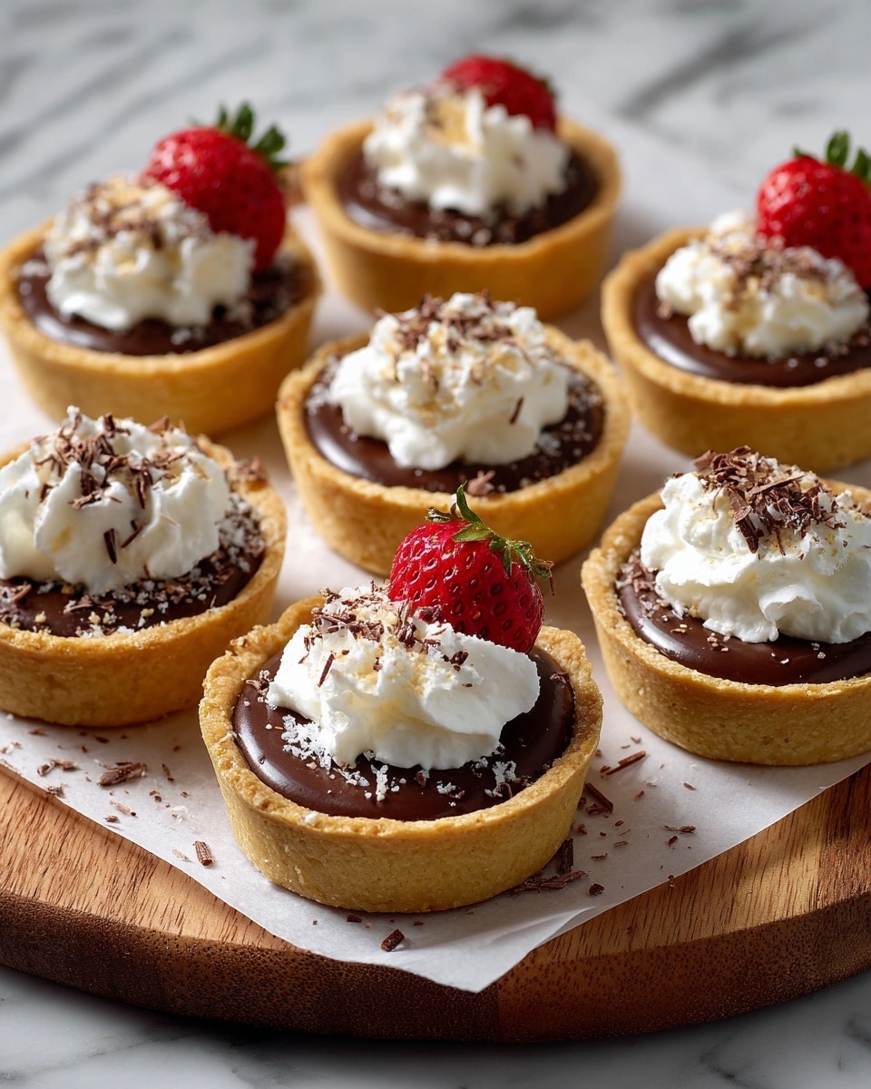 The image shows several small tartlets arranged closely on light brown wooden board with a white marbled surface underneath. Each tartlet has a golden, flaky crust as the base. Inside the crust, the first layer is a smooth, glossy dark chocolate filling, thick and creamy in texture. Some tartlets are topped with a tall dollop of white whipped cream sprinkled lightly with brown shavings. Others have a bright red strawberry placed upright on the chocolate layer. A few tartlets have just the chocolate layer decorated with small white flakes on top. The lighting highlights the glossy chocolate and fresh strawberries, with soft shadows adding depth. photo taken with an iphone --ar 4:5 --v 7