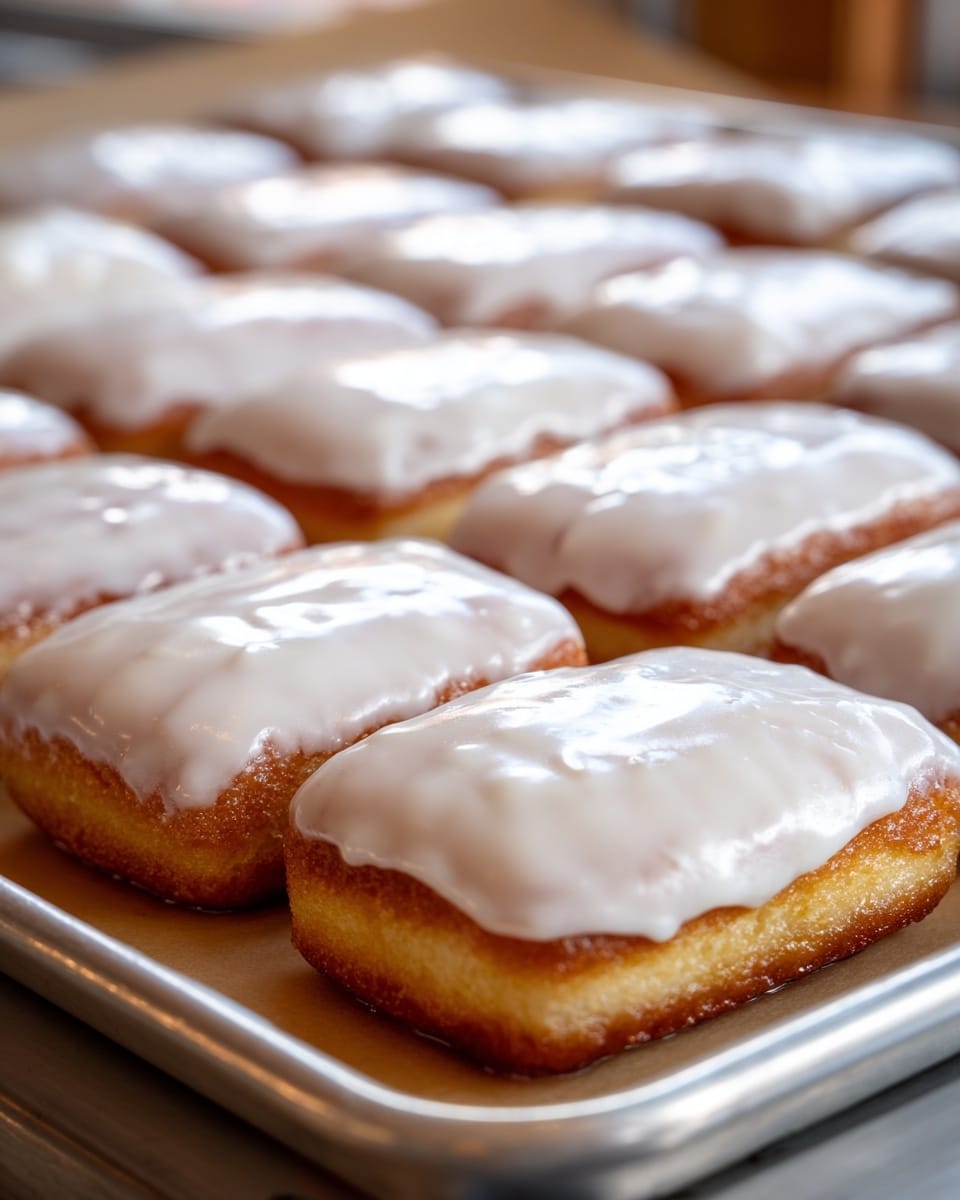 The image shows a close-up of multiple rectangular pastries arranged in rows on a light brown surface, each with a golden-brown base layer covered by a smooth, thick white icing layer unevenly spread on top. The white icing has a soft texture and slight shine, contrasting with the more textured, rough surface of the golden base visible at the edges. The pastries are evenly spaced and the background has a white marbled texture. photo taken with an iphone --ar 4:5 --v 7
