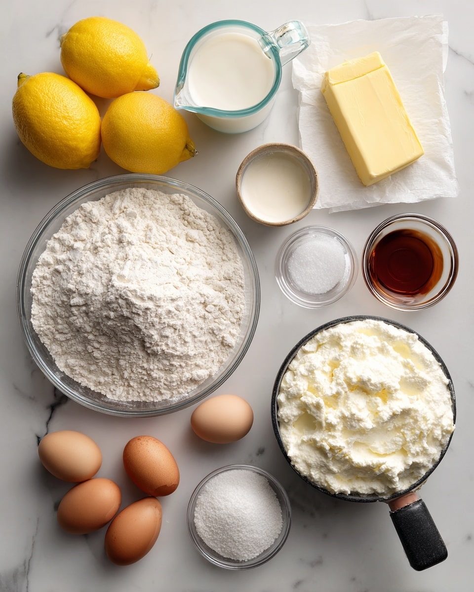The image shows a flat lay of baking ingredients on a white marbled surface. There are two whole bright yellow lemons on the left side. Next to them is a clear glass measuring cup filled with white milk. In the middle, a clear glass bowl holds a large amount of white flour with a soft texture. Above it, a partially opened stick of pale yellow butter lies on white paper. To the right, a small clear glass bowl contains brown vanilla extract, and below it is another small clear glass bowl with white baking soda and powder. Three brown eggs with smooth shells are placed near the vanilla bowl. At the bottom right, a metal measuring cup with a black handle is full of white ricotta cheese that has a creamy texture. Near the bottom center, a small clear glass bowl holds granular white sugar. In the top right corner, part of a black pan is visible. photo taken with an iphone --ar 4:5 --v 7