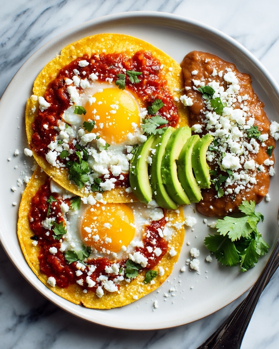 The dish shows two white plates each holding two layers of golden yellow tortillas at the bottom. On top of each tortilla, there is a bright red chunky salsa sauce spread out evenly. One next layer consists of sunny yellow fried eggs with shiny, smooth yolks and slightly crispy white edges. The final layers show thin, fresh green slices of avocado placed on two tortillas and a side of creamy brown refried beans topped with white crumbly cheese and green cilantro leaves. More cilantro leaves are scattered lightly over the eggs and salsa. The plates are placed on a white marbled surface with a wooden board under one plate and a fork beside it. Photo taken with an iphone --ar 4:5 --v 7