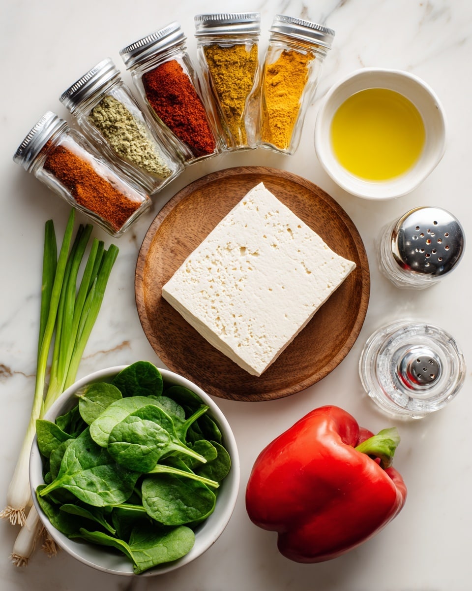 The image shows a neat arrangement of cooking ingredients on a white marbled surface. At the top, there are five glass spice jars with silver lids filled with chili powder, smoked paprika, turmeric, nutritional yeast, and garlic powder, each jar labeled with black and white text. Below them to the left, a block of firm tofu rests on a round wooden plate, its off-white color and slightly textured surface visible. To the right of the tofu, a small white bowl contains yellow olive oil. Next to the bowl, a clear salt and pepper grinder stands. On the right side, a bright red whole bell pepper is placed alongside a bunch of green onions with white and green stalks. At the bottom left, a white bowl is filled with fresh baby spinach leaves, deep green and slightly glossy. The overall scene is bright and clean, with a clear focus on the fresh, colorful ingredients. photo taken with an iphone --ar 4:5 --v 7