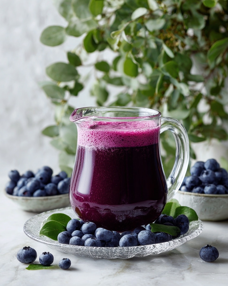 Three golden brown pancakes are stacked on a white round plate, each topped with a thick layer of deep purple blueberry sauce that spills over the edges, mixed with dollops of white whipped cream creating a swirled effect. On the left side of the plate, fresh green blueberry branches with ripe blueberries add a natural touch. The plate sits on a white marbled surface, with a silver fork and knife resting on a light beige cloth napkin nearby. A small white bowl with more blueberry sauce is partially visible at the top right corner. Photo taken with an iphone --ar 4:5 --v 7