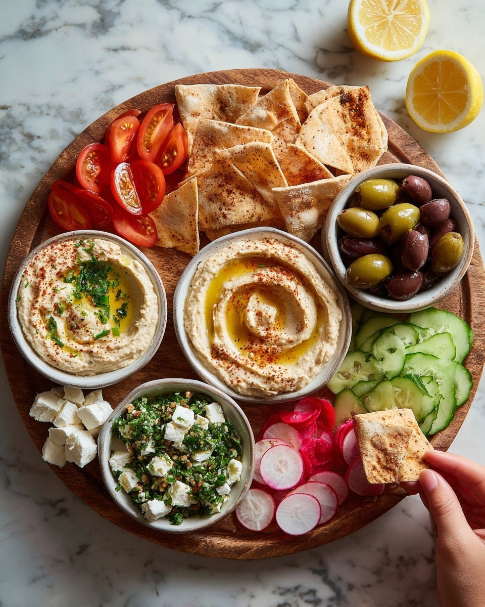 A wooden board on a white marbled surface holds six white bowls arranged in a loose circle. The top right bowl contains creamy hummus with olive oil and paprika on top, surrounded by triangular pita chips, with a woman's hand dipping one chip. Below it, a bowl of mixed green and black olives with lemon wedges nearby. Center left, a bowl of baba ganoush drizzled with olive oil and sprinkled with herbs. A bowl of fresh white feta cubes dusted with herbs is bottom left. Bottom right features a bowl of green tabbouleh salad topped with a lemon wedge. Between and around the bowls, layers of cucumber slices, tomato wedges, and radish halves are neatly arranged, creating fresh green, red, and white colors interspersed with pita chips. photo taken with an iphone --ar 4:5 --v 7