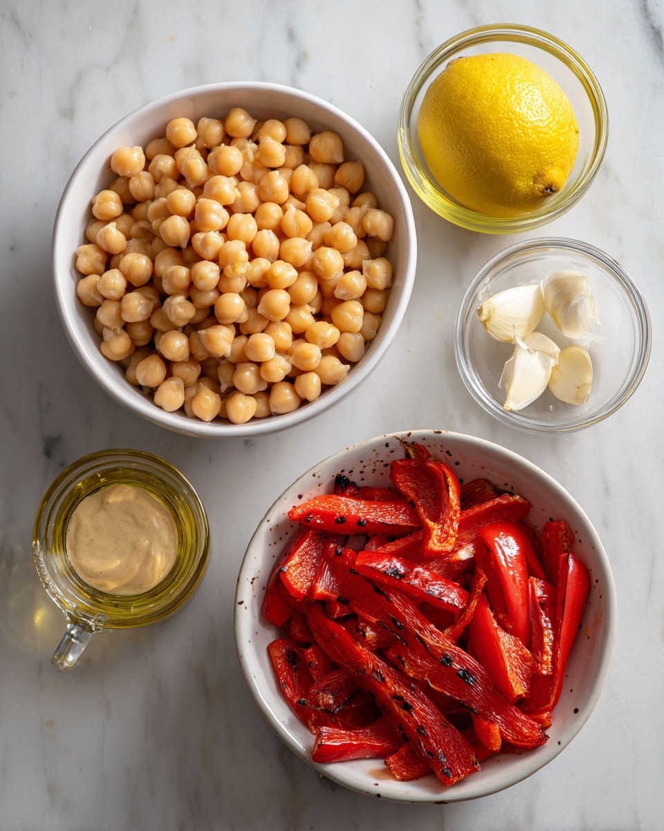A white bowl filled with light tan chickpeas sits on a white marbled surface. Next to it, there is a white bowl holding bright red roasted pepper strips with dark grill marks. A whole yellow lemon is placed beside a small clear glass bowl holding two peeled garlic cloves and another small clear glass bowl with a smooth, creamy beige sauce. A glass bottle with golden olive oil is also on the white marbled surface near the bowls. photo taken with an iphone --ar 4:5 --v 7