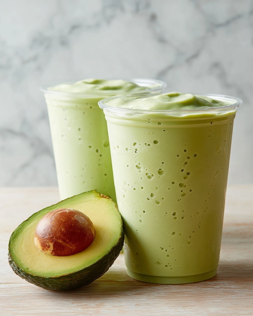 Two clear plastic cups filled with bright green avocado smoothie with a smooth, creamy texture. One cup is placed slightly in front of the other on a light wooden surface, with a halved avocado showing its dark brown seed and green flesh beside the cups. The background is a white marbled texture with soft lighting highlighting the fresh, thick drink. photo taken with an iphone --ar 4:5 --v 7