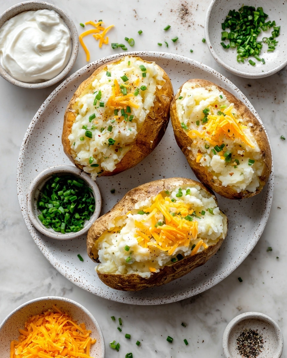 The image shows three baked potatoes on a large white plate with a slightly speckled edge, placed on a white marbled surface. Each potato is split open to reveal a fluffy white mashed potato inside. The first potato on the left is topped with melted butter, freshly ground black pepper, and chopped green chives. The middle potato has shredded yellow cheese and chopped chives on top, while the potato on the right has cheese and chives sprinkled as well. In the center of the plate, there is a small white bowl filled with chopped green chives. To the top right of the plate, there is another white bowl containing shredded cheese, and to the bottom right, a white bowl of sour cream is visible. Photo taken with an iphone --ar 4:5 --v 7