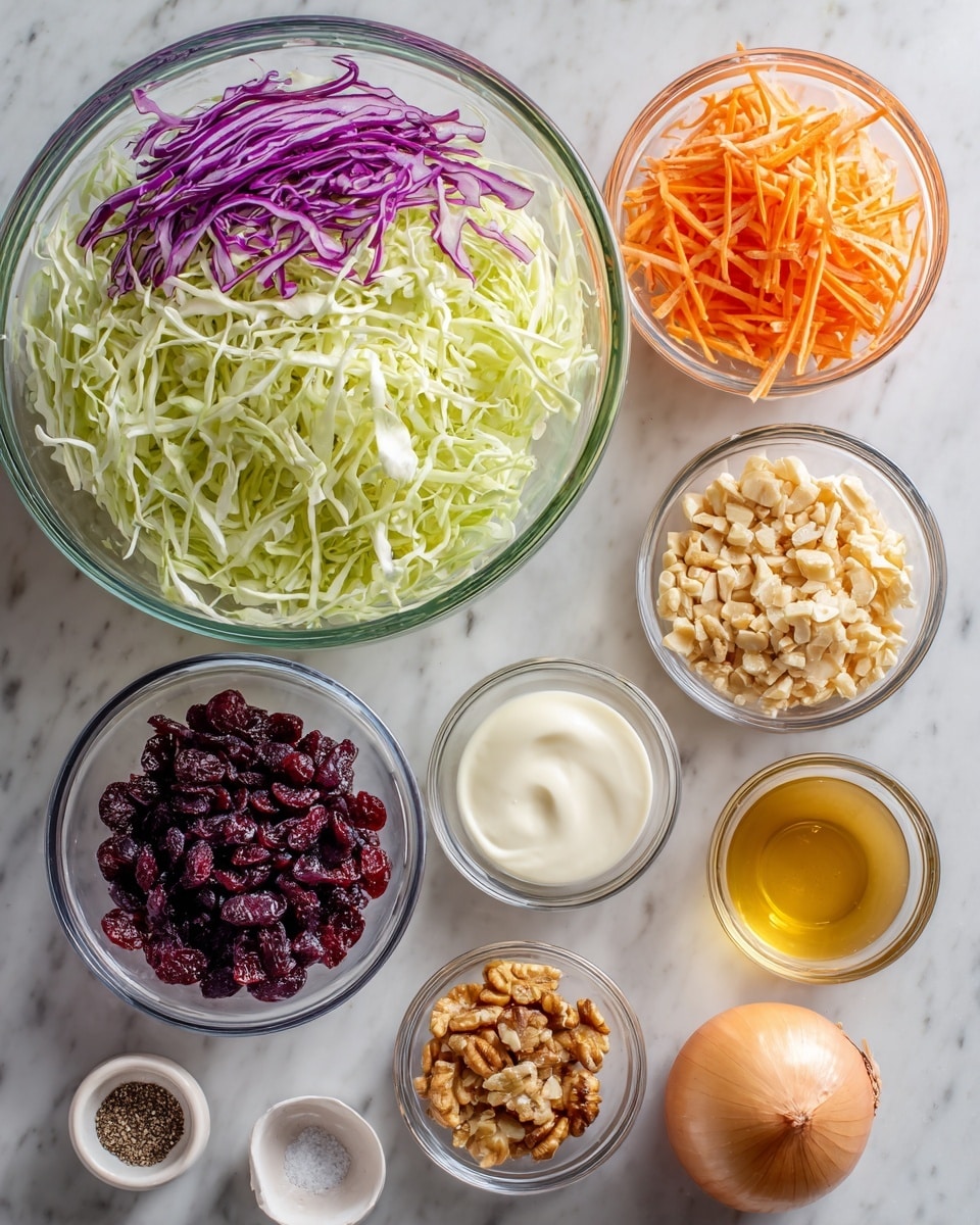 The image shows salad ingredients neatly arranged on a white marbled surface. There is a large glass bowl filled with shredded green cabbage, purple cabbage, and thin carrot strips. Around it are smaller clear glass bowls containing dried cranberries, light brown chopped nuts, creamy white mayonnaise, thick white yogurt, light amber honey, and a reddish onion placed whole. There is also a tiny bowl with salt and pepper and another with a light golden liquid, possibly vinegar. photo taken with an iphone --ar 4:5 --v 7