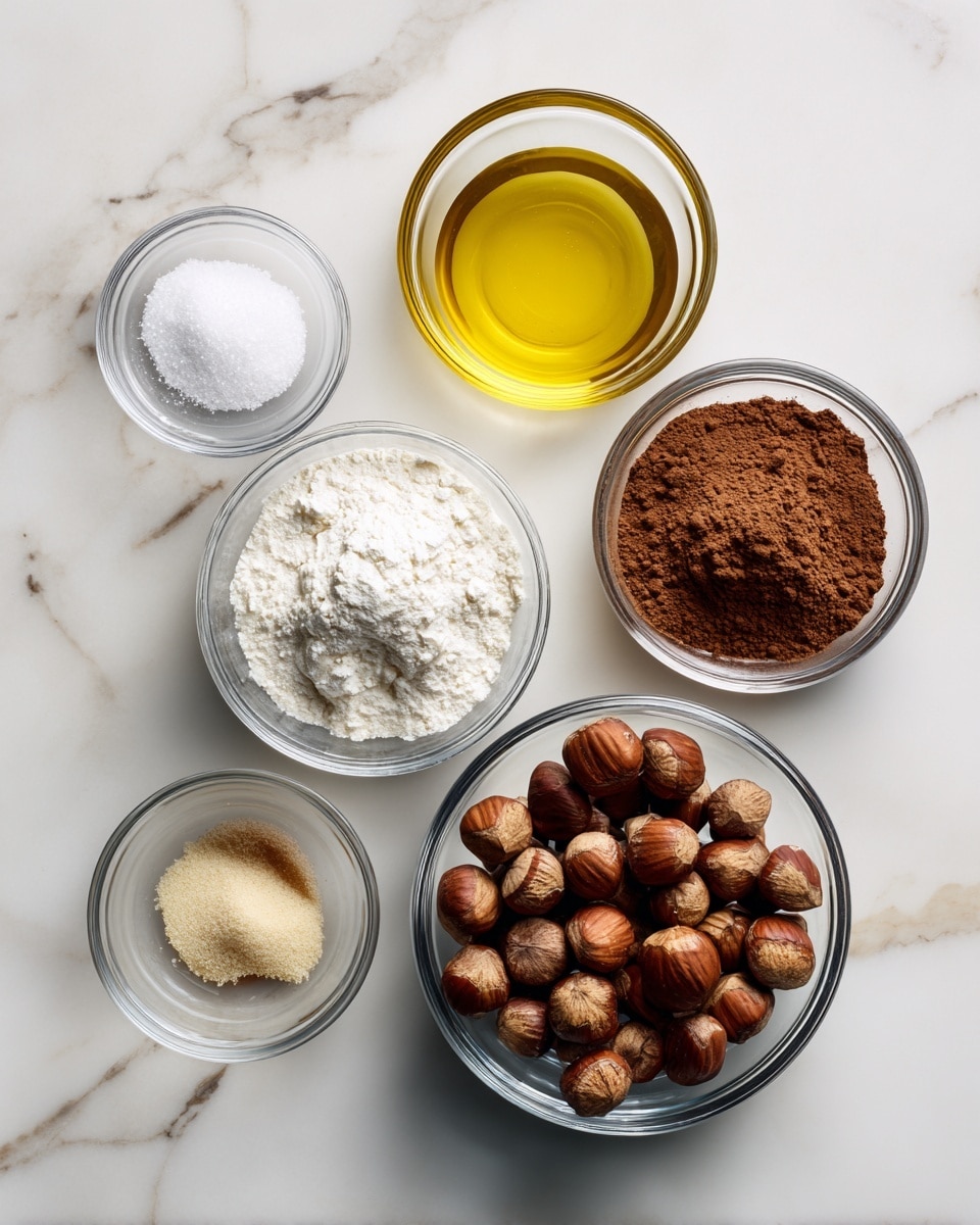 The image shows six clear glass bowls with different ingredients placed on a white marbled surface. Starting from the top left, there is a small bowl with white salt, next to it is a medium bowl containing yellow oil. To the right is a medium bowl filled with brown cocoa powder. Below, at the bottom left, there is a small bowl with light brown vanilla extract. Next to it, a medium bowl with white powdered sugar. The largest bowl on the bottom right is filled with whole hazelnuts in their brown shells. The bowls are neatly arranged in a spaced cluster. Photo taken with an iphone --ar 4:5 --v 7