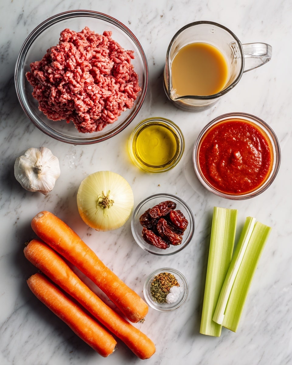 The image shows a white marbled surface with various cooking ingredients arranged neatly. In the bottom left, there is a clear glass bowl filled with raw ground meat, pinkish-red in color, with a rough texture. Above it, there is a glass jug with light brown broth and a small glass bottle with yellow olive oil. To the right of the meat, a small clear bowl contains sun-dried tomatoes, dark reddish-brown and wrinkled. Nearby is another small dish with thick red tomato paste. On the far right, a large clear bowl holds whole peeled tomatoes and red tomato juice. Below these, there are two long, smooth carrots in bright orange, three pale green celery stalks with a crisp texture, a yellow onion with papery skin, and two small white garlic cloves. There is also a small bowl with four piles of spices: crushed red pepper, dried herbs, pepper, and salt. The whole setup looks fresh and ready for cooking. photo taken with an iphone --ar 4:5 --v 7