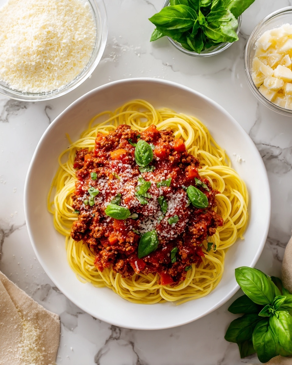 A white plate holds a base layer of thin, long yellow spaghetti noodles arranged loosely in a round shape. On top, there is a chunky red tomato sauce mixed with small pieces of cooked meat and diced orange carrots, spread unevenly over the pasta. Bright green fresh basil leaves are scattered on the sauce along with a light dusting of grated light beige cheese. The plate is placed on a white marbled surface, with a glass bowl of green basil leaves below and a small clear bowl of grated cheese above it. Part of another similar plate with the same dish is visible on the right side. Photo taken with an iphone --ar 4:5 --v 7