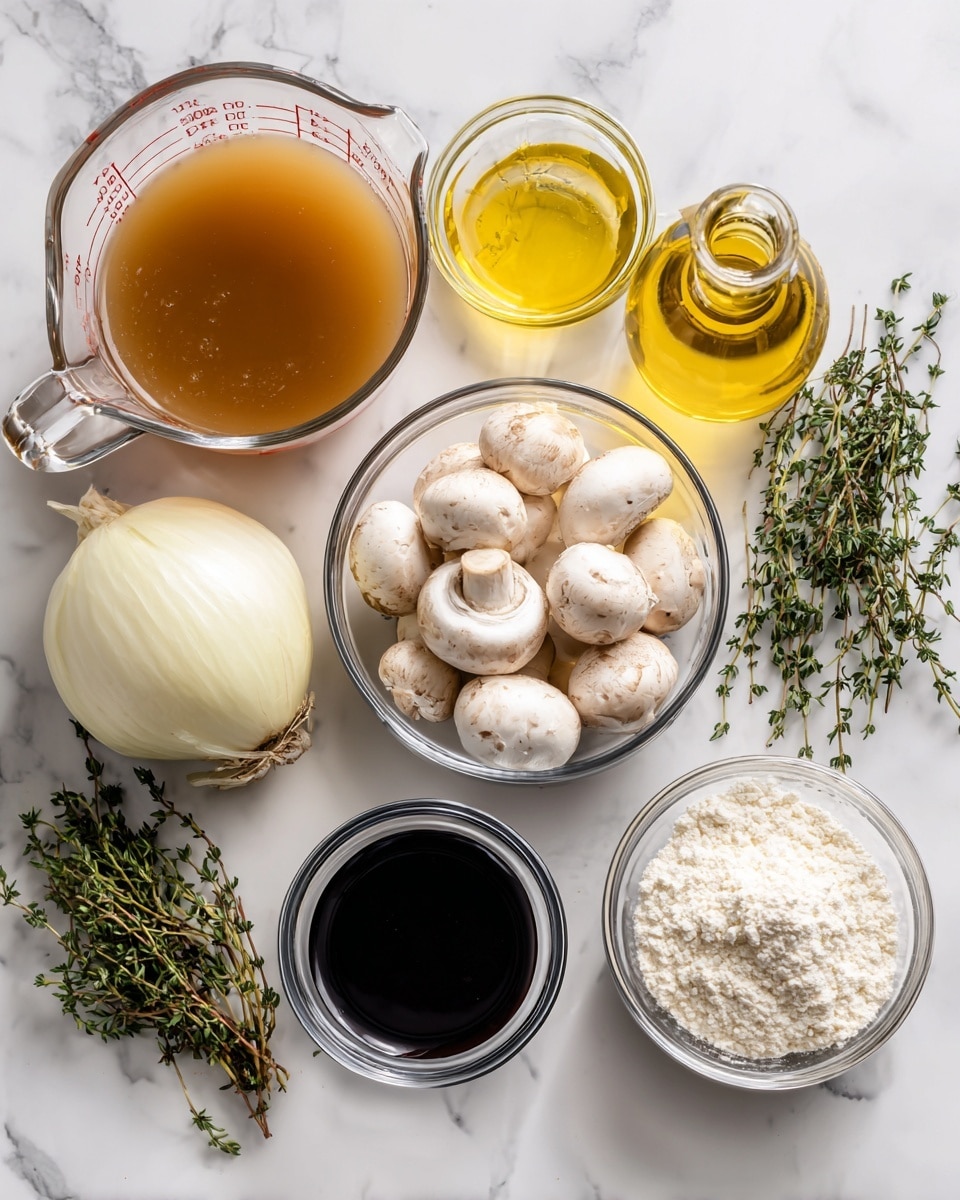 The image shows six cooking ingredients placed on a white marbled surface: on the left, there is a glass measuring cup filled with light brown broth, below it a small glass bottle containing yellow olive oil, and next to it a whole white onion; in the center, a clear glass bowl holds a pile of small whole white mushrooms; to the right of this bowl, there is a small glass bowl with white flour, a small glass bowl with dark balsamic vinegar, and fresh green thyme sprigs all arranged neatly; all elements are clearly visible and unwrapped photo taken with an iphone --ar 4:5 --v 7