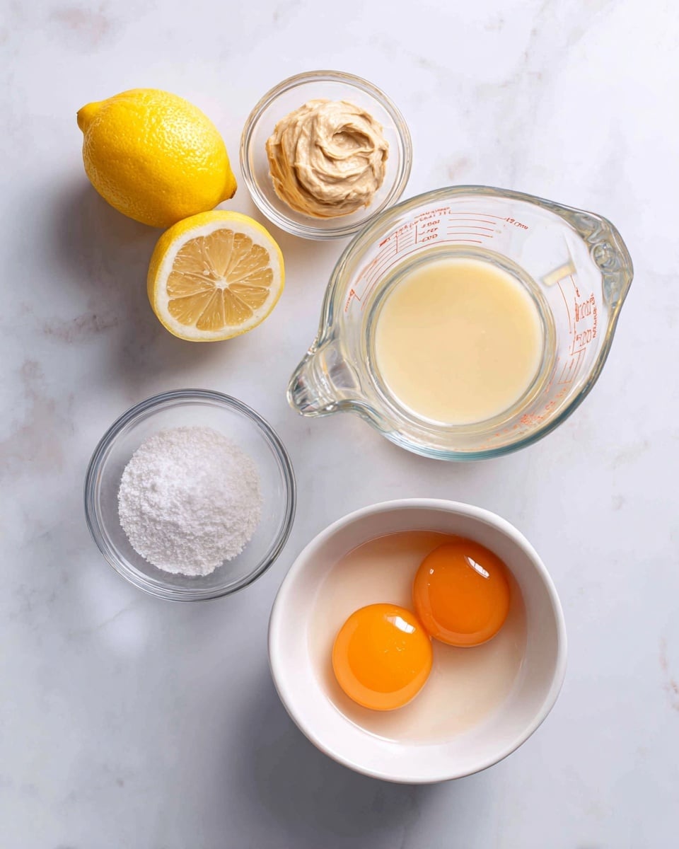 The image shows five separate items arranged on a white marbled surface: a half lemon with bright yellow skin and juicy orange-yellow inside on the left, a clear glass measuring cup filled with a pale yellow liquid in the center, a small clear glass bowl with a beige creamy paste below the measuring cup, a small clear glass bowl with white salt to the bottom left of the measuring cup, and a white bowl containing two raw eggs with bright orange yolks surrounded by clear egg whites on the right side. Photo taken with an iphone --ar 4:5 --v 7