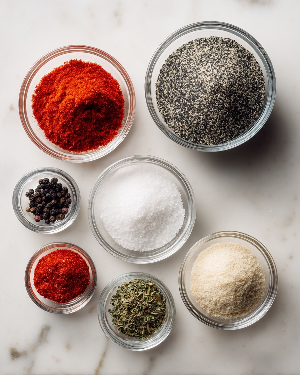 Seven small clear glass bowls are arranged on a white marbled surface. The largest bowl, near the top right, holds a coarse black and white mixture of ground pepper. To its left is a bowl filled with bright red paprika powder. Above center, a bowl contains white salt with a fine, grainy texture. Below the salt is a bowl with a pale, off-white powder with a smooth texture. To the bottom left of this bowl are three smaller bowls: one with vibrant red chili powder, one with dried green herbs, and the last contains tiny black seeds. Each bowl shows the distinct texture and color of its spice, clearly separated from the others. Photo taken with an iphone --ar 4:5 --v 7