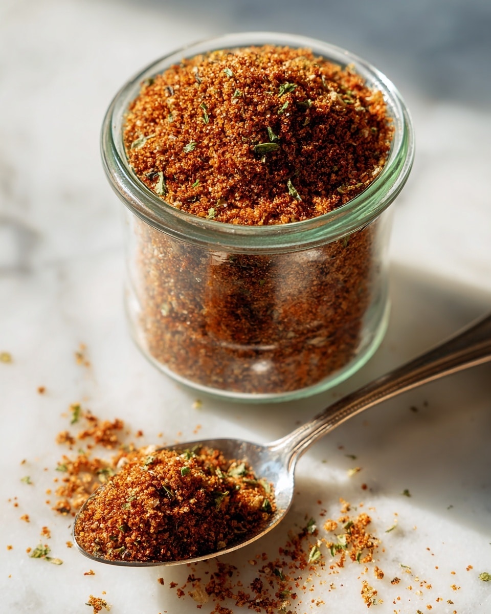 A clear glass jar is filled almost to the top with a finely ground spice mix that is mostly red-brown with some darker and lighter flecks. Next to the jar lies a shiny silver spoon, angled diagonally, holding a small heap of the same spice mix, showing some texture and small pieces of herbs. Both items are placed on a white marbled surface that has subtle grey veins, making the red spice color stand out. Photo taken with an iphone --ar 4:5 --v 7