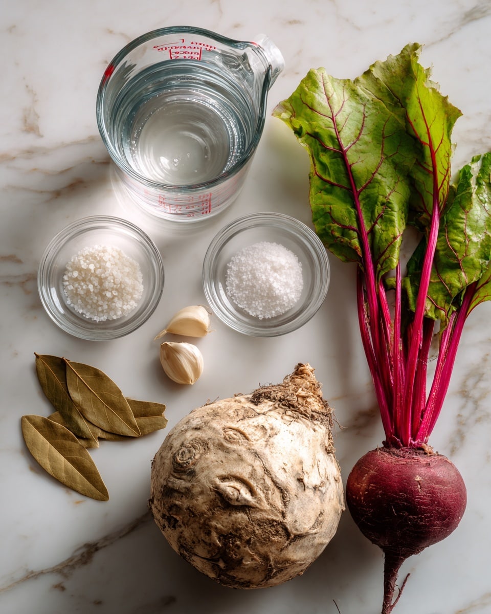 The image shows a collection of raw ingredients placed on a white marbled surface. There is a clear glass measuring cup filled with water at the top center, with small glass bowls containing white salt and another white granular substance nearby. Two dried bay leaves and a single garlic clove are arranged near the center. On the right side, there is a fresh beet with bright red stems and green leaves, next to a large, round rutabaga with a rough purple and beige skin. The arrangement is simple and clean, emphasizing the natural textures and colors of each item, photo taken with an iphone --ar 4:5 --v 7