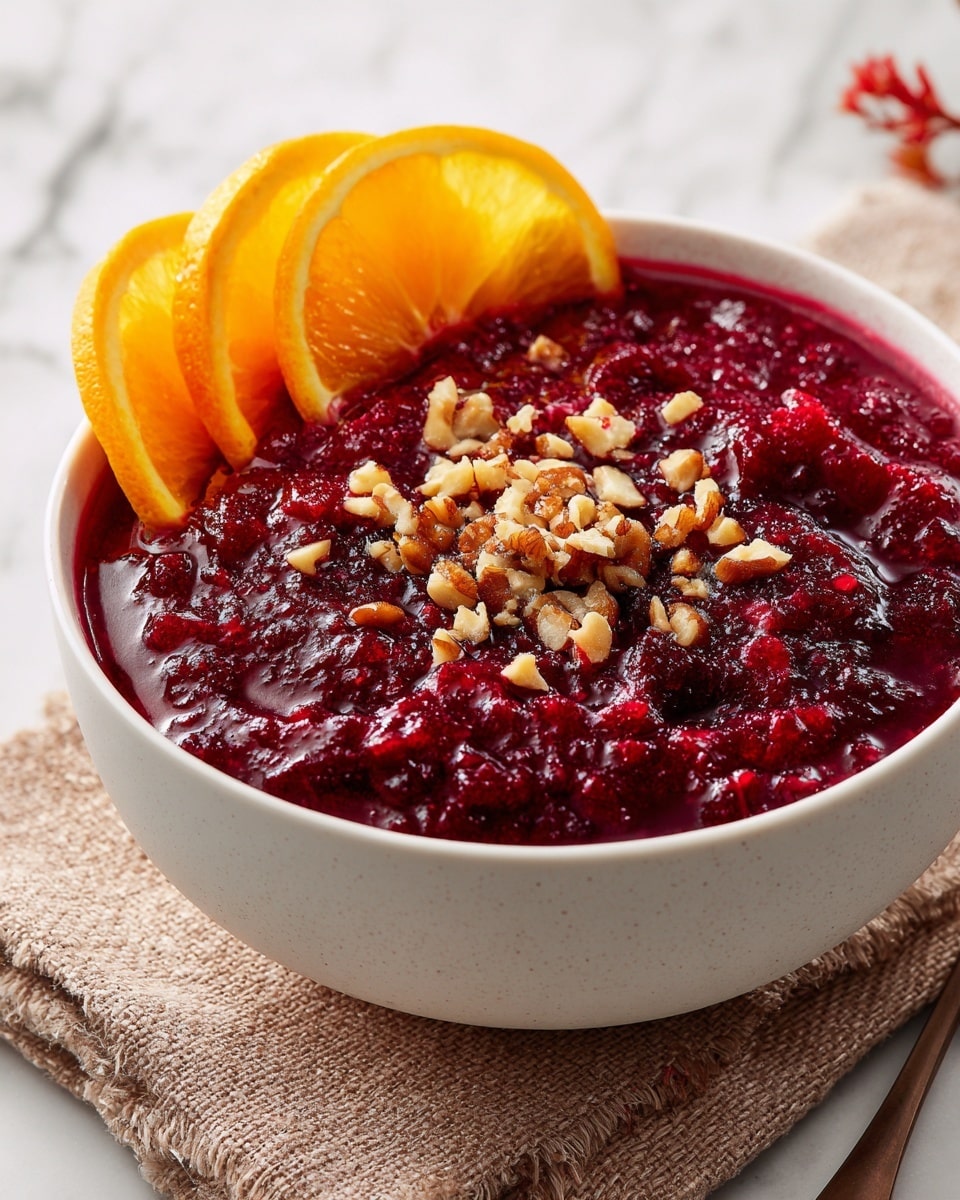 A white bowl filled with three layers: the bottom layer is a dark red mix of crushed and whole cranberries with a shiny, soft texture; on top of that is a sprinkle of small, chopped brown nuts adding a rough texture; the top layer has three bright orange slices neatly placed on one side, their smooth texture and bright color contrasting with the deep red cranberries. The bowl is set on a beige woven cloth on a white marbled surface. photo taken with an iphone --ar 4:5 --v 7