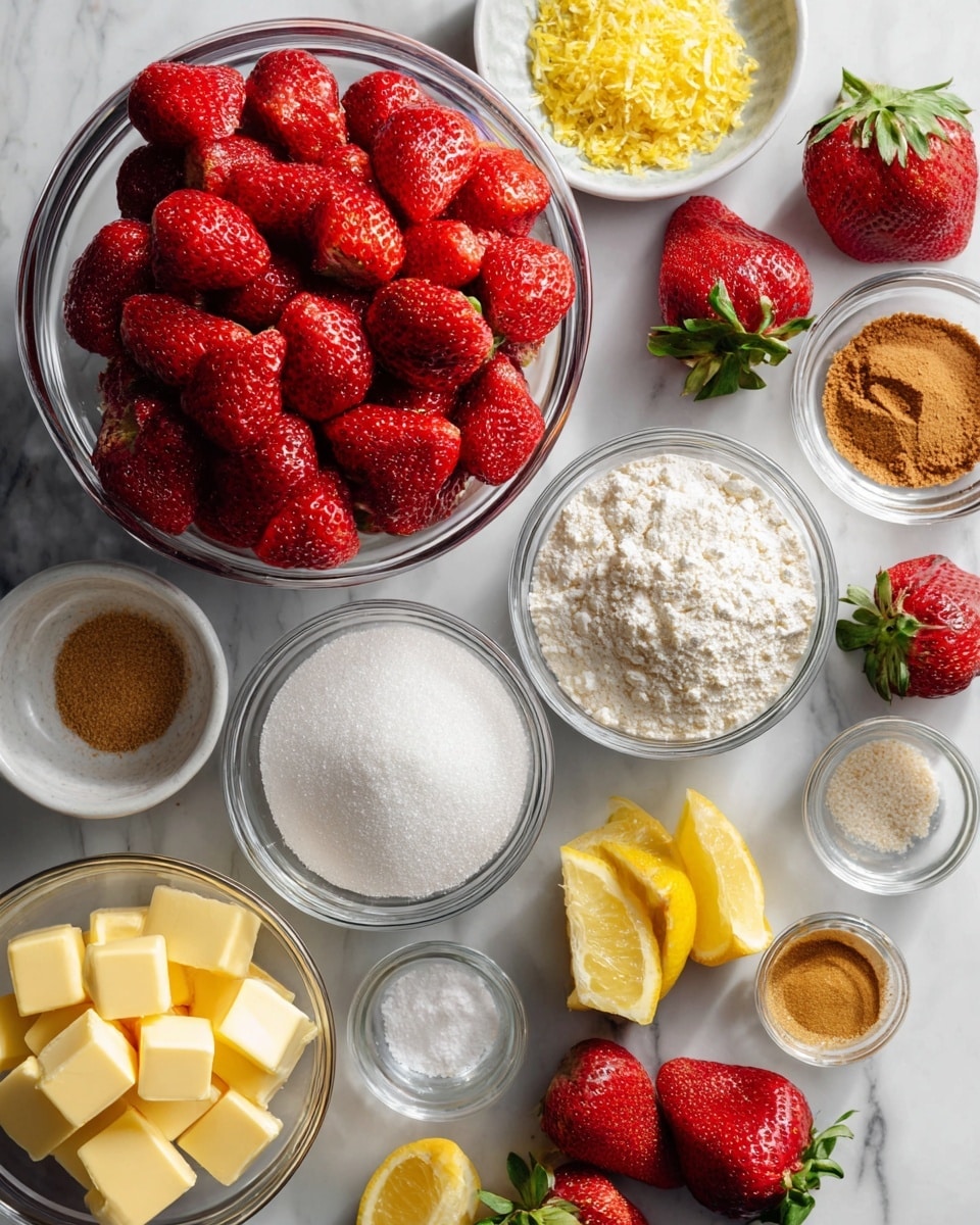 A top view of various clear glass bowls arranged on a white marbled surface, filled with bright red strawberries in the largest bowl, pale yellow cubed butter, light brown brown sugar, white flour, white granulated sugar, light brown cinnamon in a small bowl, yellow lemon zest, and white salt in tiny bowls; lemon wedges and halved strawberries are scattered around for decoration, creating a fresh and colorful display photo taken with an iphone --ar 4:5 --v 7