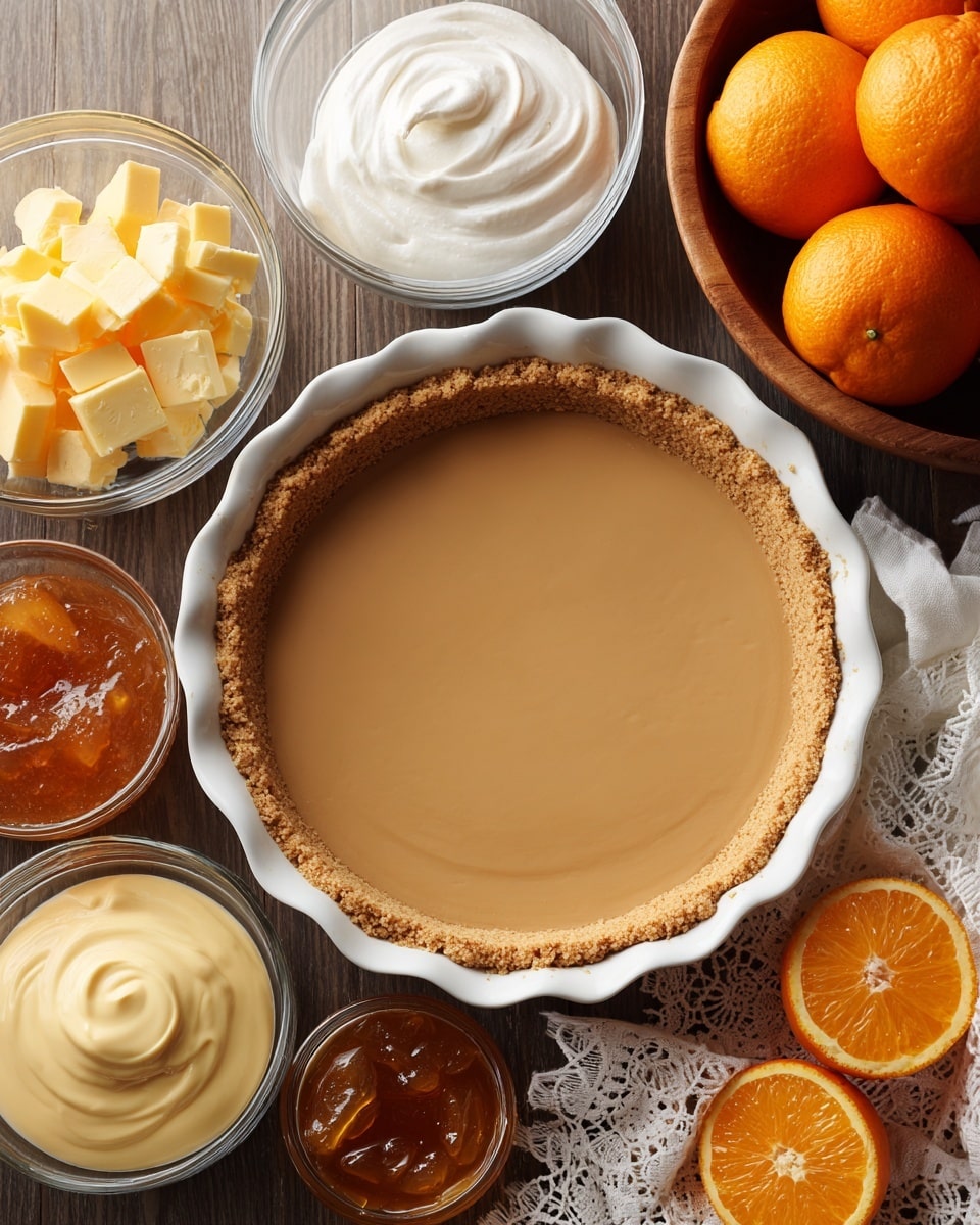 A white pie dish on the left holds a smooth, light brown cookie crust pressed evenly to form the base and sides. Surrounding the dish are several small glass bowls with different ingredients: one with thick white cream, another with soft cream cheese, a bowl with cubed yellow butter, one containing a shiny orange jam or marmalade, and another bowl with pale yellow custard. Toward the right, a wooden bowl is full of bright orange whole oranges. Two orange halves are placed near the bottom corners of the image. The surface beneath everything is a dark wood texture with a white lace cloth partially visible on the right side. Photo taken with an iphone --ar 4:5 --v 7