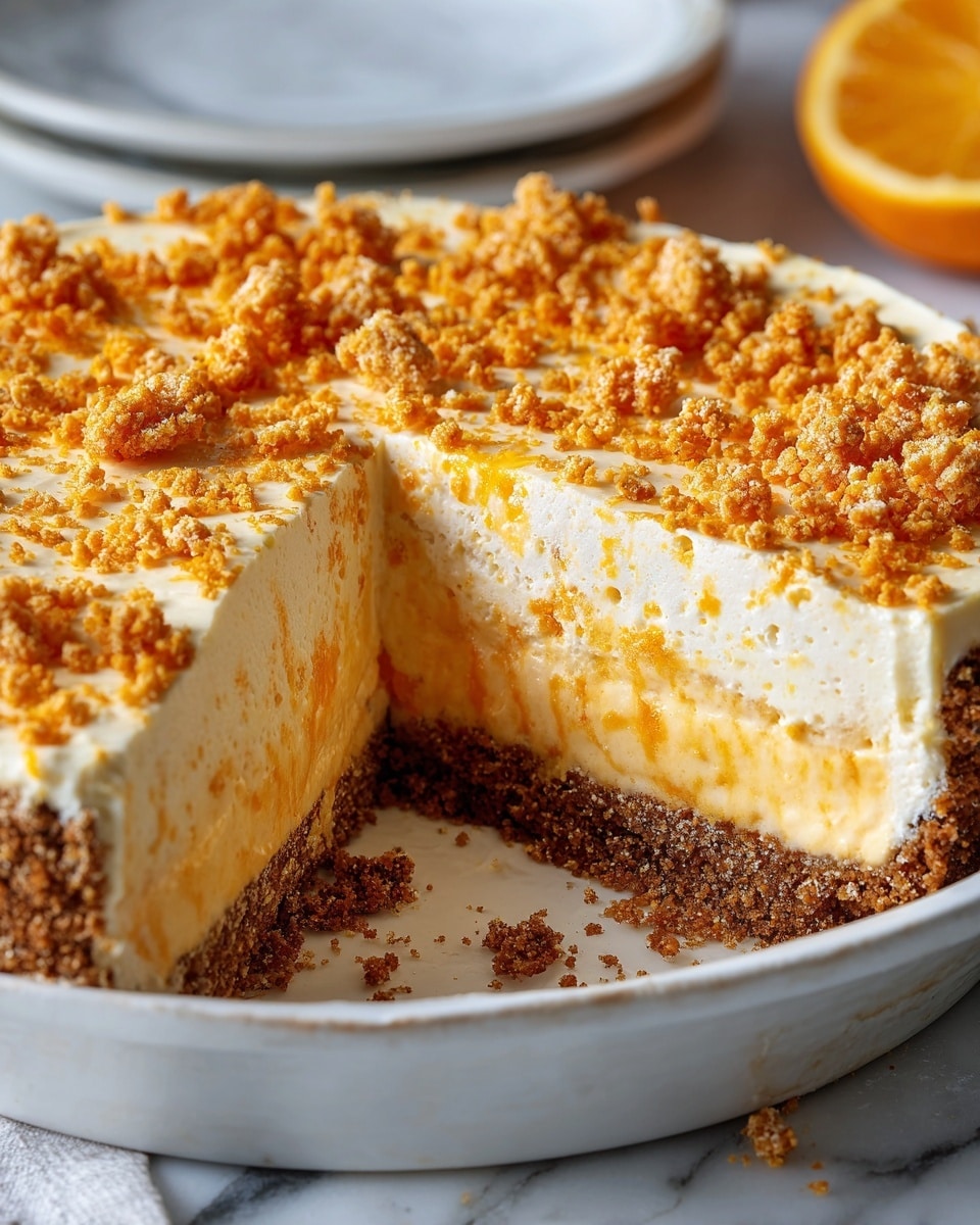 A round pie with three visible layers is shown on a white plate with a scalloped edge, placed on a white marbled texture surface. The bottom layer is a thick, crumbly brown crust, topped by a thick, smooth pale orange cream filling as the middle layer. The top layer is a crumbly, uneven texture of small, bright orange and light tan crumbs spread evenly over the cream filling. A slice is missing from the pie, showing the clean, sharp edge between the layers. Some crumbs are scattered on the plate near the missing slice. Photo taken with an iphone --ar 4:5 --v 7
