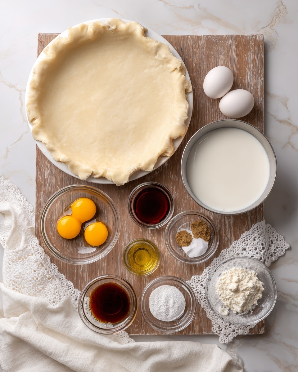 The image shows several baking ingredients on a wooden surface with a white marbled texture replacement. On the left side, there is a white plate with a rolled-out pale dough layer, smooth and even, shaped to fit a pie pan. To the right of the dough is a metal bowl filled with a white liquid, likely milk or cream. Below the dough, spaced neatly, are several small clear glass bowls holding different ingredients: one with three raw yellow egg yolks in a transparent mixture, one with a dark brown liquid possibly vanilla extract, one with a golden-yellow liquid likely oil, and smaller bowls containing ground spices, white powdered ingredients, and granulated white substances. A white cloth with lace edges lies partly visible on the lower right. The overall layout is clean, with the items organized neatly for preparation. photo taken with an iphone --ar 4:5 --v 7