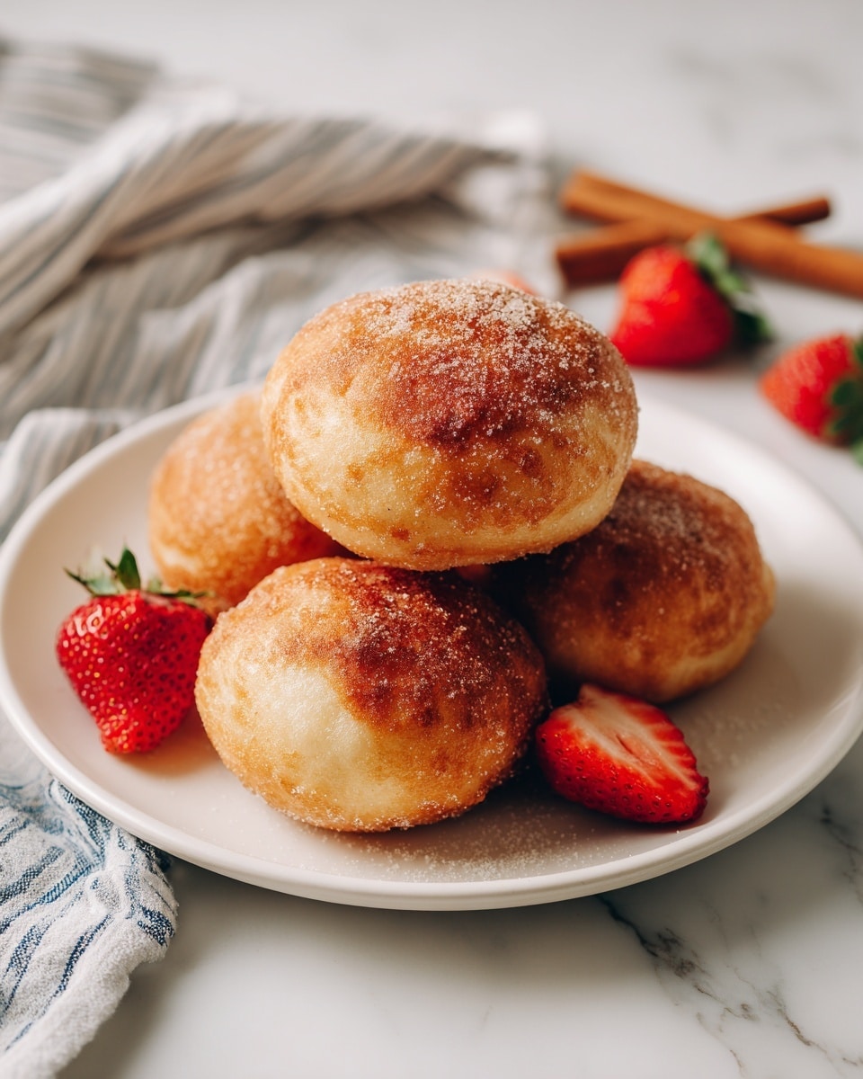 The image shows a stack of four golden brown, round fried pastries placed on a white plate. Each pastry has a slightly bubbled texture with a light sprinkling of sugar and cinnamon on top, giving a sparkling effect. The pastries appear thin and crisp with a warm, even color throughout. Around the plate, there are fresh, whole strawberries and a few sliced strawberries that add bright red contrast. The background has a white marbled surface with a small cinnamon stick and a white cloth with blue stripes partly visible near the plate. photo taken with an iphone --ar 4:5 --v 7