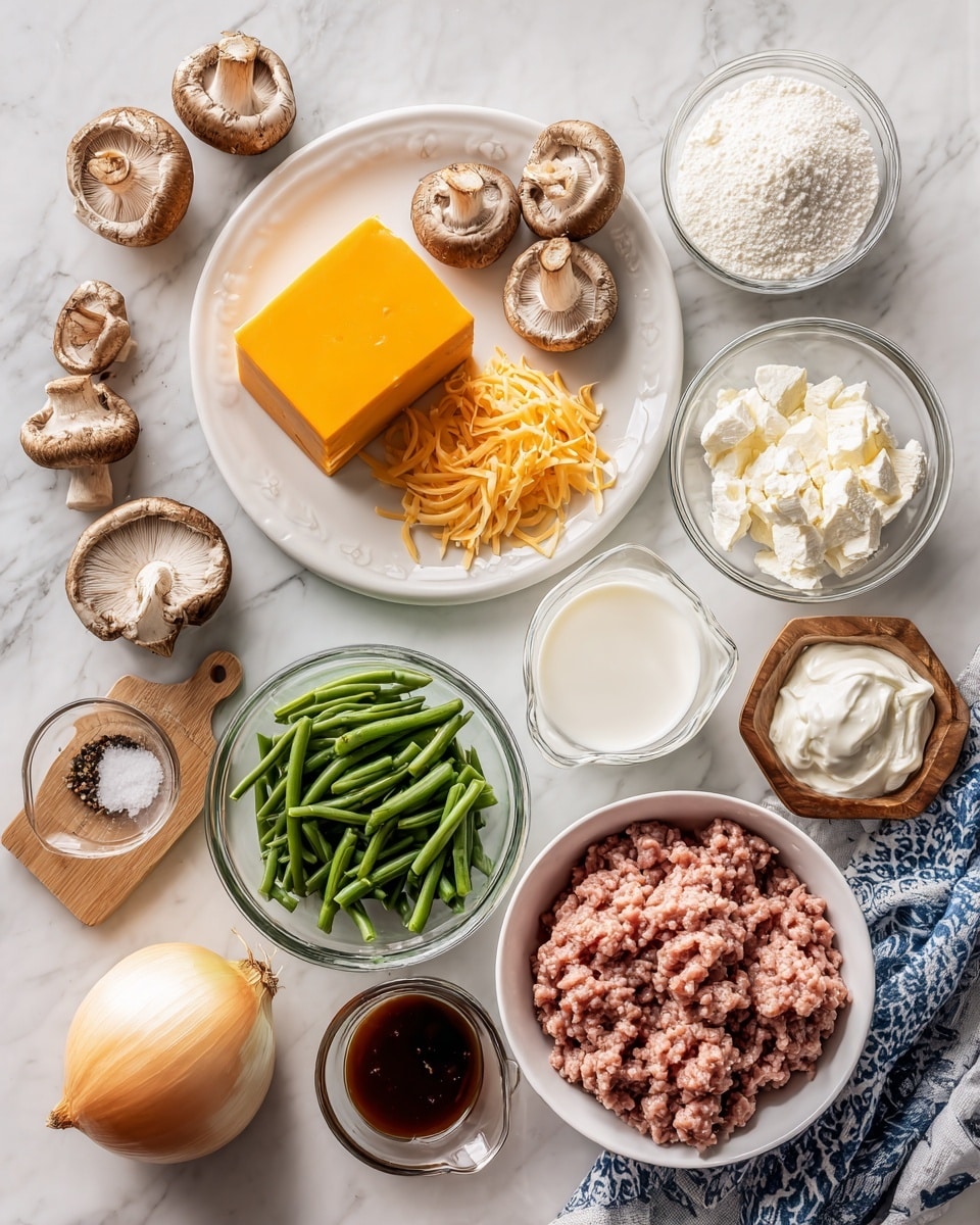 The image shows various fresh ingredients set on a white marbled surface, arranged neatly for cooking. In the top left, a white plate holds a large square block of bright orange cheddar cheese, with thin orange cheese strands beside it and two brown mushrooms. Around this plate are scattered more brown mushrooms. To the right, small clear glass bowls contain white flour and minced garlic, next to a blue and white kitchen towel. Near the bottom, a large white bowl is filled with raw minced meat, and beside it a small glass cup of dark brown liquid sits. Below the meat, another clear bowl contains chopped green beans. In the lower-left corner, there's a half onion on the marbled surface, and a clear measuring cup filled with white cream next to a small bowl of sour cream. A small wooden tray holds salt and pepper near the cheese. Photo taken with an iphone --ar 4:5 --v 7