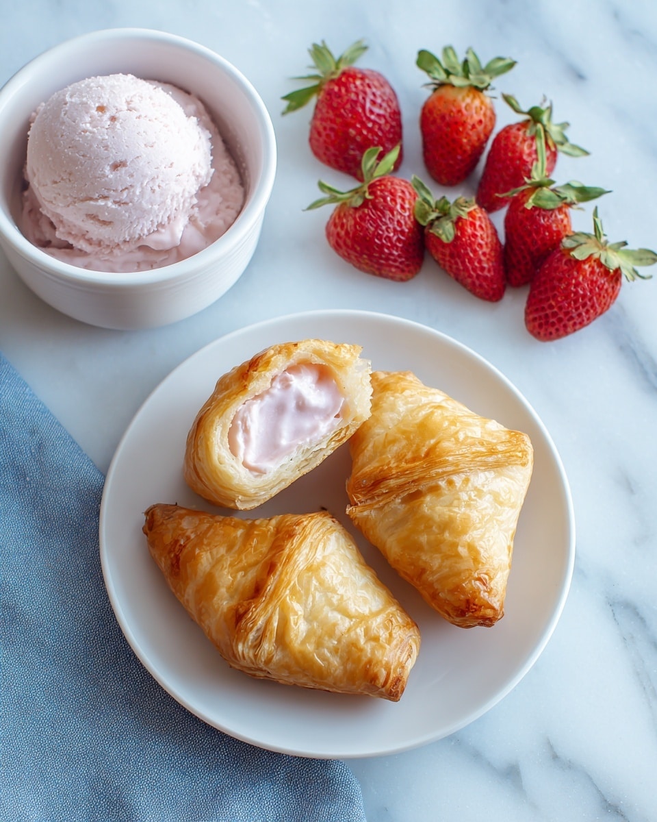 A white plate holds two golden puff pastries, one split open showing a soft, light pink filling with a smooth, shiny caramel sauce drizzled on top. Around the pastries are three halved bright red strawberries with green leafy tops, placed directly on the plate. In the background, there is a white bowl filled with a textured pink spread, sitting on a white marbled surface. photo taken with an iphone --ar 4:5 --v 7
