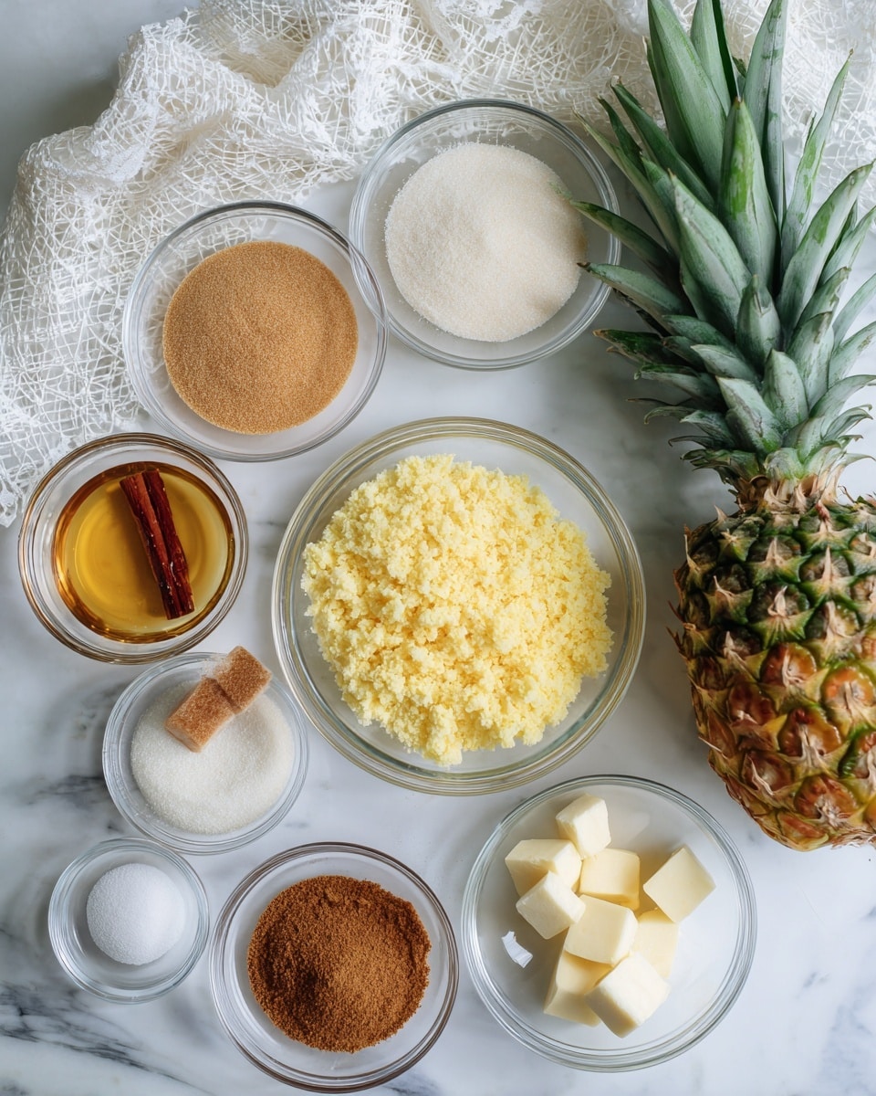 The image shows a layout of ingredients on a white marbled surface. At the center, there is a clear glass bowl filled with finely crushed yellow pineapple. Surrounding it are smaller glass bowls containing different ingredients: light brown soft sugar, golden liquid vanilla extract, a small amount of ground brown cinnamon, white granulated sugar, white baking powder, small white cubes of butter, brown sugar, and a small pile of salt. To the left is a whole pineapple with green spiny skin, and to the right, a fresh pineapple crown with long green leaves. A white lace cloth peeks from the top of the image. Photo taken with an iphone --ar 4:5 --v 7