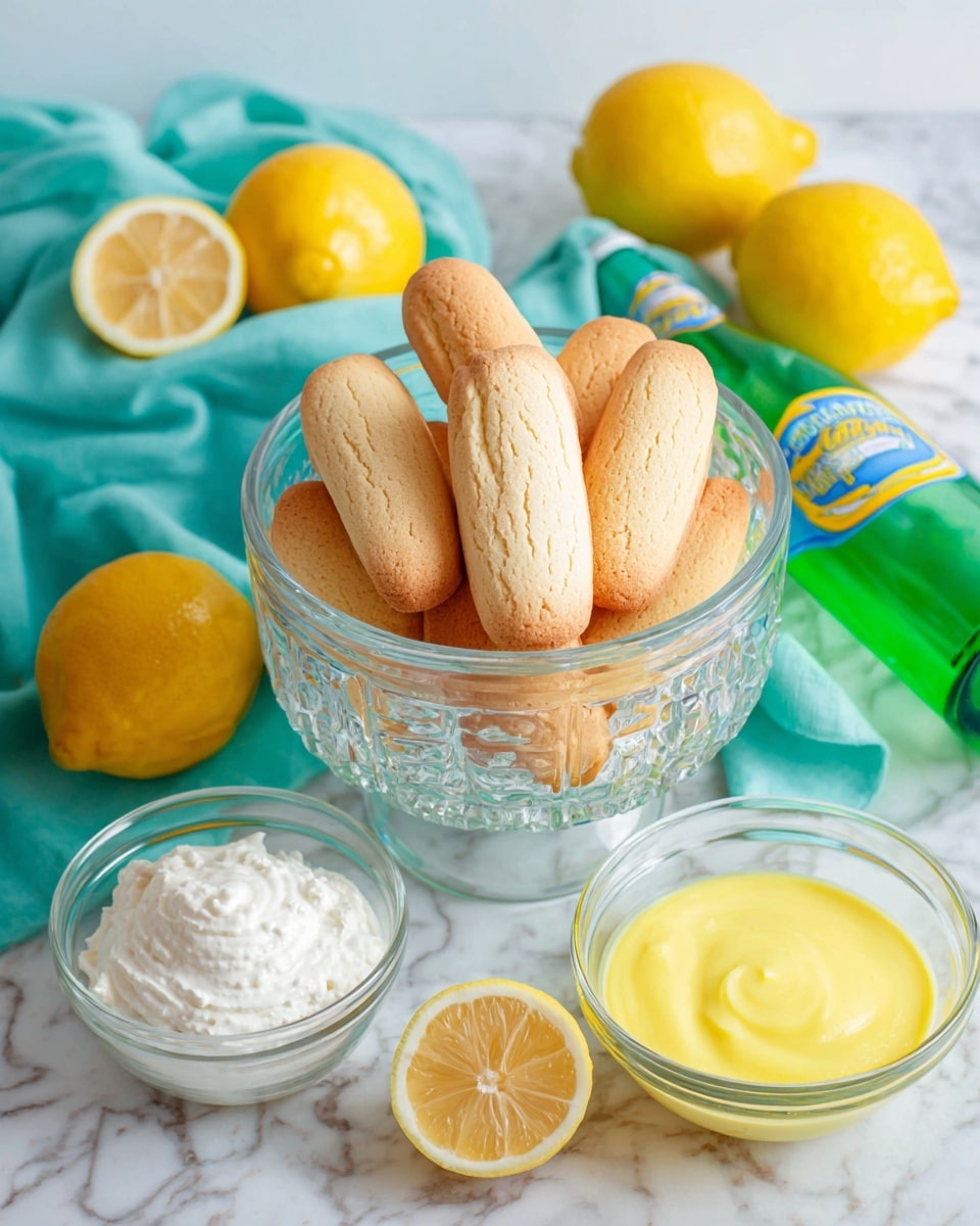 A clear glass bowl filled with light beige ladyfinger cookies stands on a white marbled surface. Around the bowl, there are three whole yellow lemons and one lemon sliced in half showing its juicy, pale yellow inside. Beside the lemons, a small clear bowl holds a white, fluffy cream or cheese. Next to it, another clear bowl contains a bright yellow smooth mixture. A green bottle with a blue and yellow label lies on its side near a turquoise cloth. The scene is bright and fresh with the colors of yellow, white, green, and blue blending. photo taken with an iphone --ar 4:5 --v 7