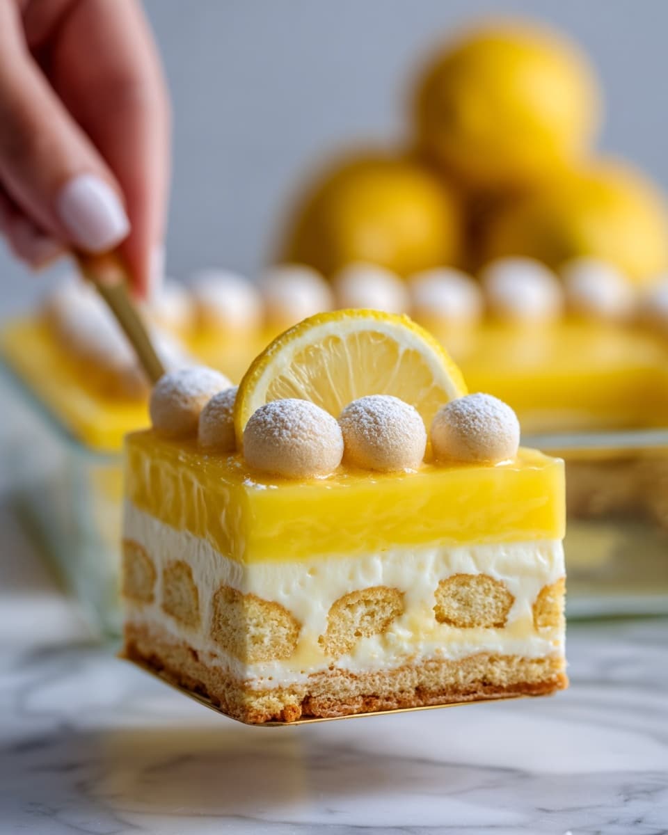 A square piece of lemon dessert is shown on a silver spatula above a clear glass dish on a white marbled surface. The dessert has four layers: two beige biscuit layers with a soft texture and two thick, bright yellow creamy layers between them. The top layer is a smooth, shiny yellow glaze with a small lemon wedge placed on top. In the background, whole yellow lemons are softly blurred. Photo taken with an iphone --ar 4:5 --v 7