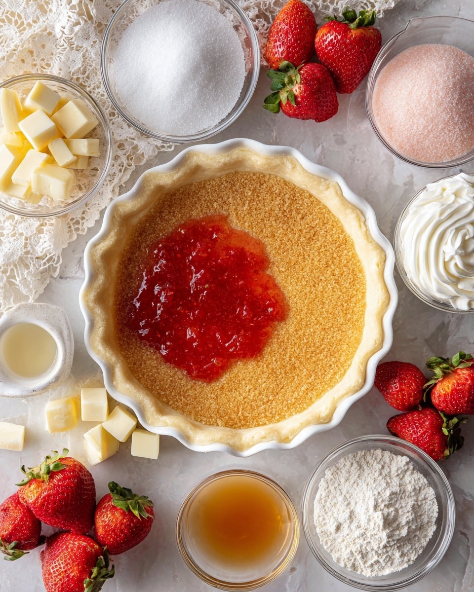 The image shows a white pie crust with a golden-brown color and crumbly texture in a white pie dish on the top left. Surrounding the crust are several small clear glass bowls with different ingredients: bright red strawberry sauce with some chunks in the center, light pink powdered sugar above it, white granulated sugar to the right, creamy white whipped topping below the sugar, white powdered sugar below the whipped topping, small yellow cubes of butter on the bottom left, small amount of light brown vanilla extract above the butter, a light cream liquid below on the bottom left, and white flour on the bottom right. Fresh whole and halved strawberries are scattered around on a white marbled surface, along with a piece of white lace fabric in the top middle. Photo taken with an iphone --ar 4:5 --v 7