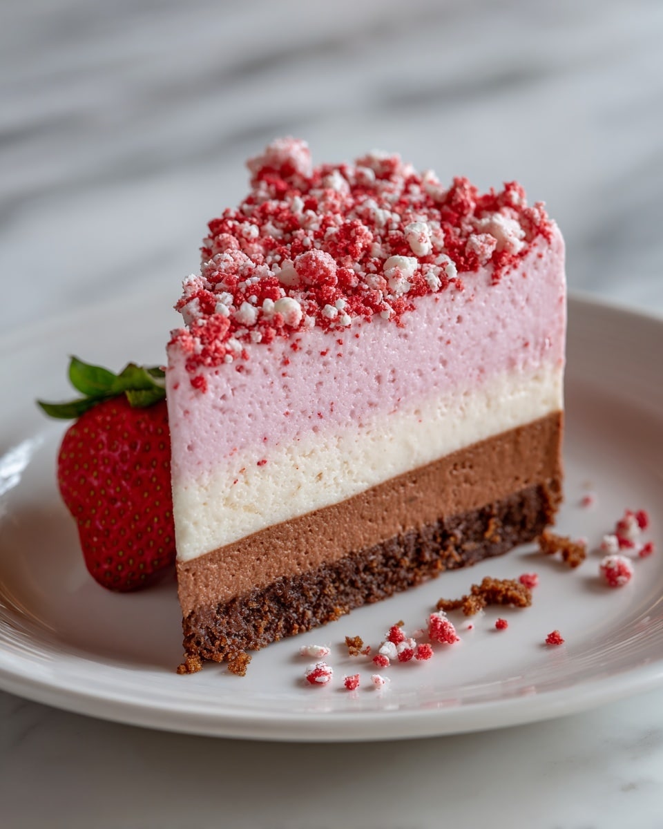 The image shows a dessert with three clear layers on a white plate placed on a white marbled surface. The bottom layer is a thick, brown crust with a firm texture. The middle layer is a thick pink creamy filling with a smooth, soft texture. The top layer is a crumbly mix of bright red and light beige bits spread evenly over the pink filling. In front of the dessert, there is a half-cut strawberry with a bright red color and green leaves, alongside some scattered crumbs from the top layer. The photo taken with an iphone --ar 4:5 --v 7