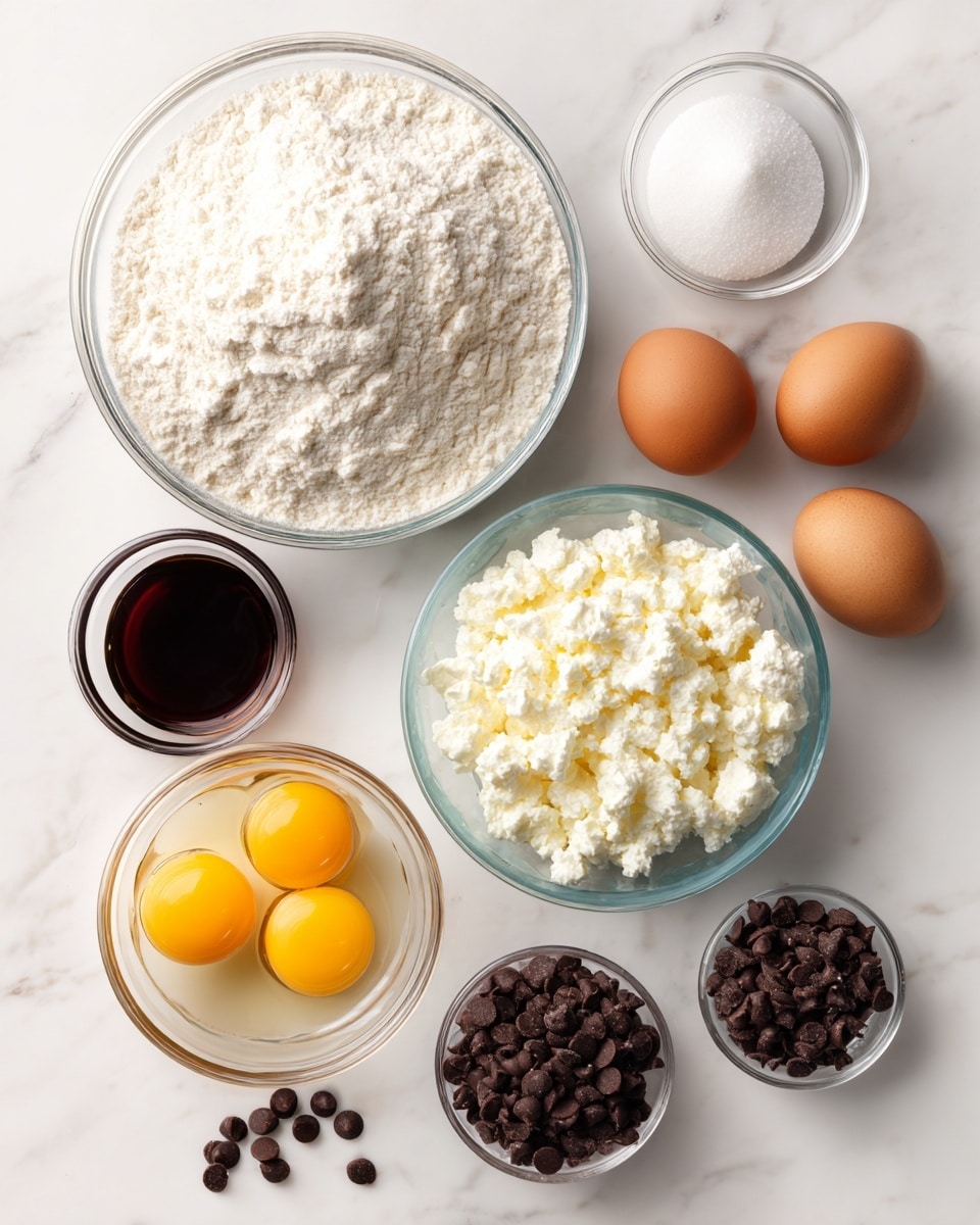 This image shows many ingredients for baking arranged neatly on a white marbled surface. At the top center, there is a large clear bowl filled with white flour. Below it to the right, there is a medium clear bowl filled with white cottage cheese. To the left of the cottage cheese, there is a smaller clear bowl holding three raw eggs with bright yellow yolks. Next to that, there is a small clear bowl filled with white sugar. Above the sugar bowl, there are two brown eggs placed side by side. To the right of the cottage cheese, near the bottom right corner, there is one brown egg. Below the large flour bowl, slightly to the right, there is a small clear bowl filled with round milk chocolate chips. Next to the chocolate chips, towards the bottom center, there is a tiny glass bowl holding a dark brown liquid vanilla extract. Below the chocolate chips and eggs, there is a small clear bowl of white powder baking soda or powder. Finally, a few small chocolate chips are scattered near the top right. The whole setup is bright and clear, showing each ingredient’s shape, color, and texture clearly. photo taken with an iphone --ar 4:5 --v 7