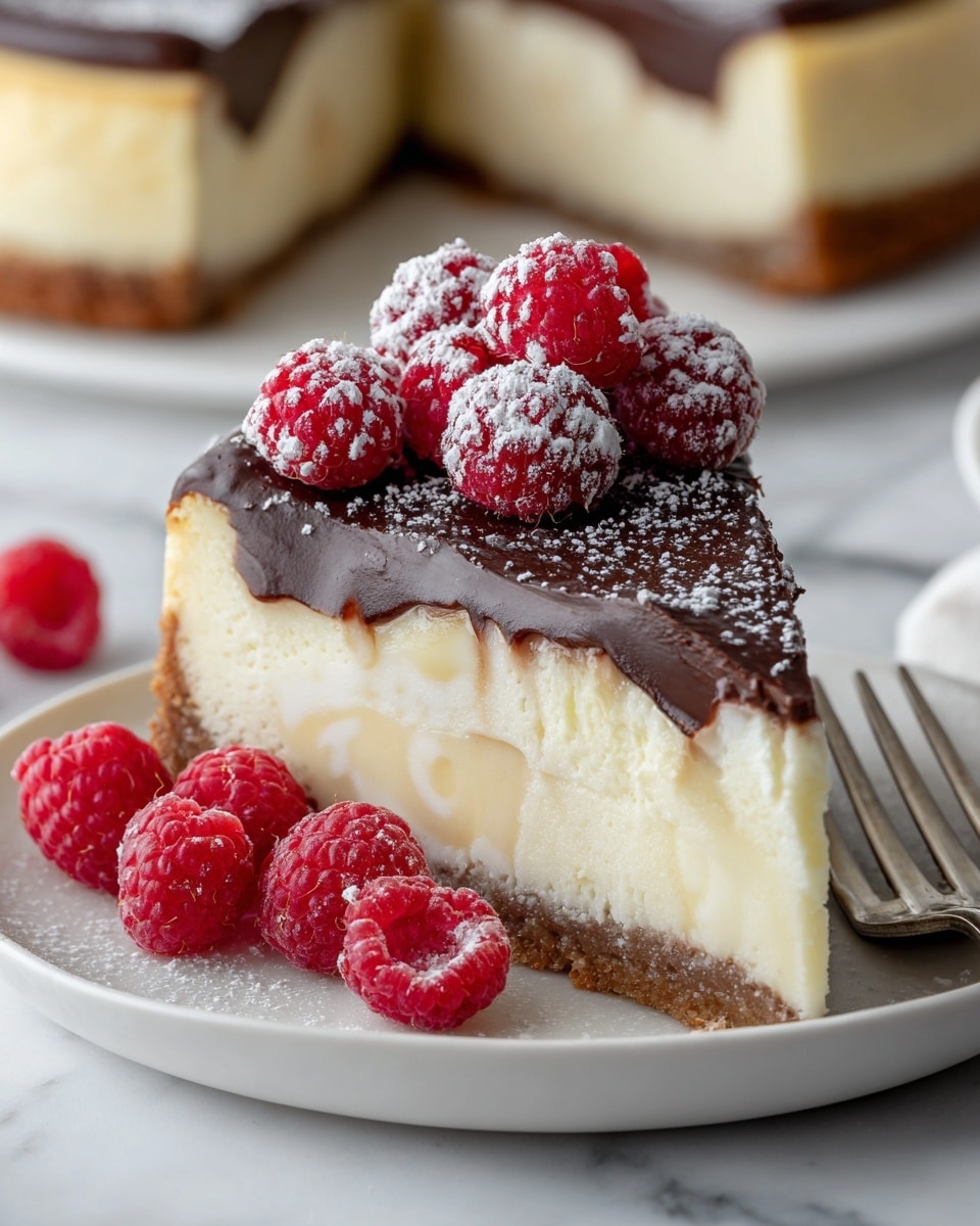 A slice of layered cheesecake on a white plate is shown. The bottom layer is light brown with a firm texture, followed by a thick creamy beige layer with swirled patterns inside. On top of that is a dark chocolate layer with a smooth, almost shiny texture. The top is covered with fresh bright red raspberries, dusted lightly with powdered sugar, forming a dense, bumpy surface. Around the plate and in the background, there are more raspberries scattered. The plate rests on a white marbled surface, with a metallic fork placed near the bottom edge. Photo taken with an iphone --ar 4:5 --v 7