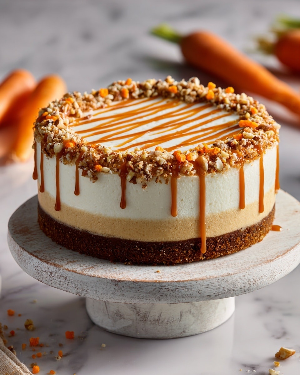 A round cheesecake with three visible layers sits on a white, slightly worn cake stand. The bottom layer is a thick, dark brown crust; above it is a thick, creamy tan cheesecake layer; the top layer is white cream, smooth and even. The cream is decorated with a ring of crushed nuts mixed with small orange sprinkles around the edge. The center is drizzled with light brown caramel sauce in diagonal lines, some dripping down the side. The background shows blurred whole carrots and a white marbled surface. Photo taken with an iphone --ar 4:5 --v 7