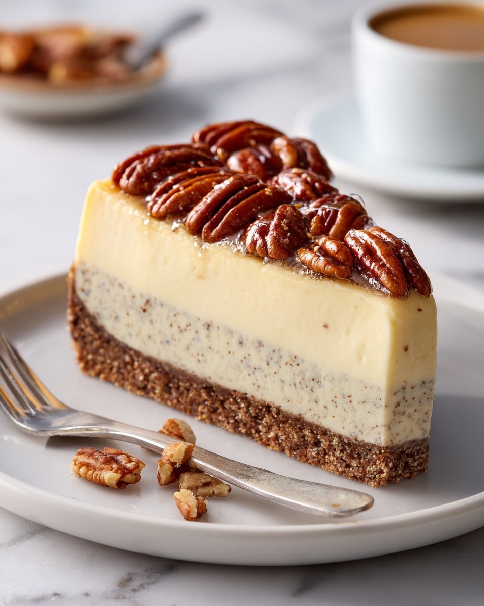 A slice of cheesecake is shown on a white plate with a white marbled surface. The dessert has three main layers: the bottom layer is a thick, crumbly brown crust; the middle layer is a smooth, creamy light beige cheesecake with tiny specks evenly distributed; the top layer has a drizzle of caramel sauce and is decorated with large, glossy pecan halves arranged close together. In the background, part of a white cup with a brown liquid is slightly blurred. A fork rests on the plate near the cheesecake with a few crumbs nearby. Photo taken with an iphone --ar 4:5 --v 7