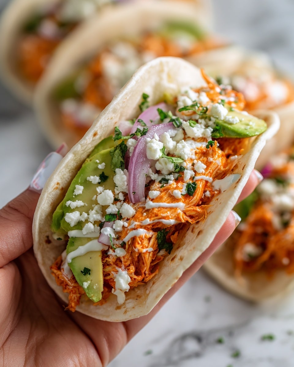 A close-up view of a soft white tortilla wrap held by a woman's hand with white nail polish, filled with layers of juicy orange shredded chicken mixed with herbs, creamy white sauce drizzled inside, chunks of bright green avocado, and small bits of white cheese scattered on top. The wrap is held over a white marbled surface with a slightly blurred background showing more of the same wraps. photo taken with an iphone --ar 4:5 --v 7