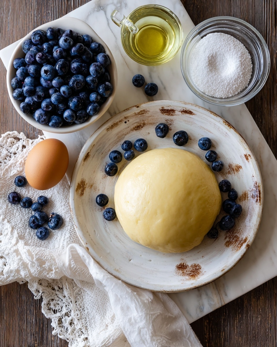 A round, smooth ball of pale yellow dough sits in the center of a worn white plate with light brown patches showing through, surrounded by scattered fresh blueberries. Nearby, a small white bowl overflows with dark blue, plump blueberries. An uncracked brown egg rests on the dark wood table, next to a small glass container of light yellow oil. Two small clear glass bowls, one filled with white granulated sugar and the other with water, complete the arrangement, all set on a white marbled surface with a folded white cloth decorated with lace trim and a few more blueberries on top. Photo taken with an iphone --ar 4:5 --v 7